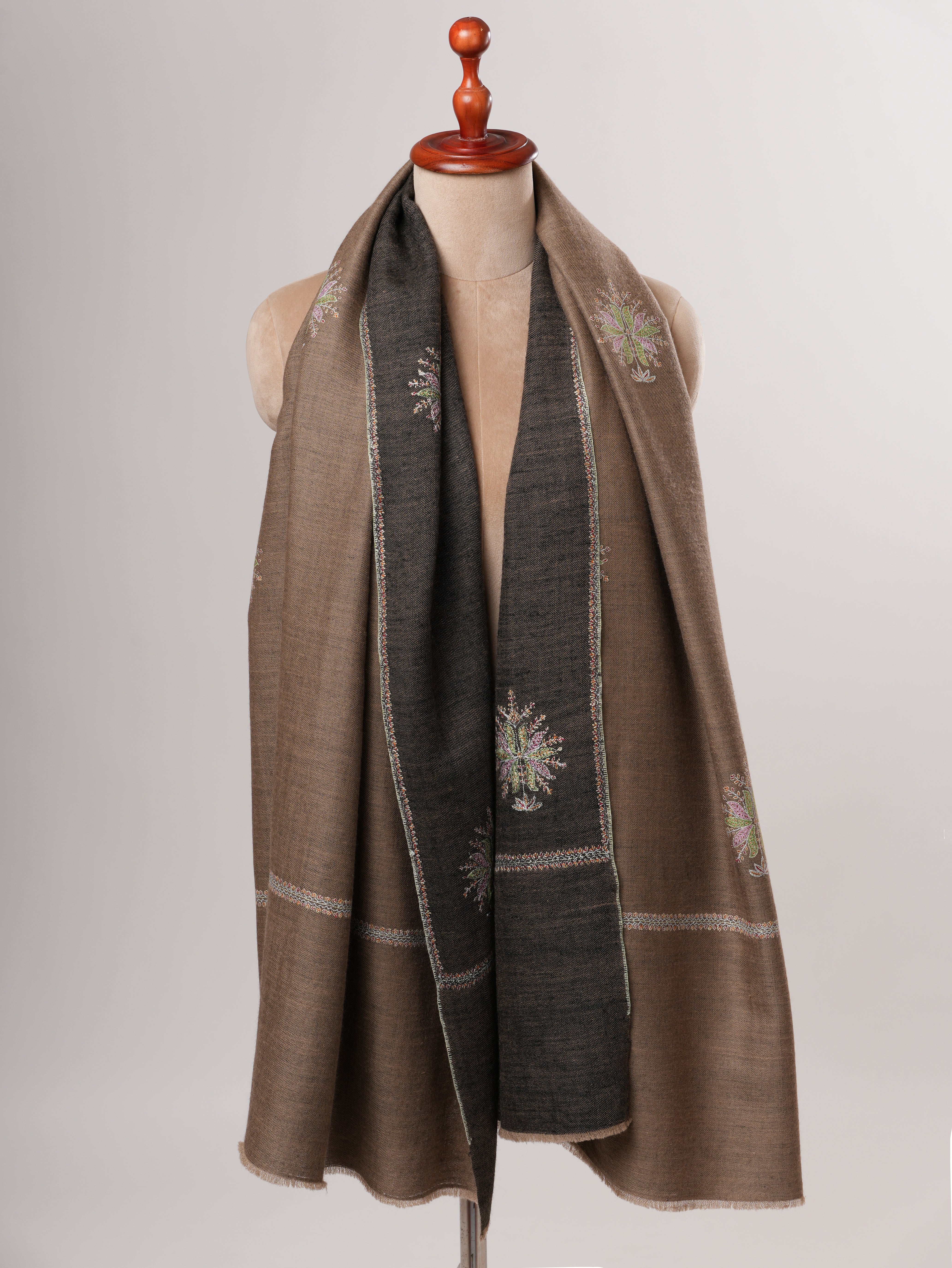 Toosh Brown and  Black Pashmina Shawl with Hand Embroidered Buteh Shahkaar