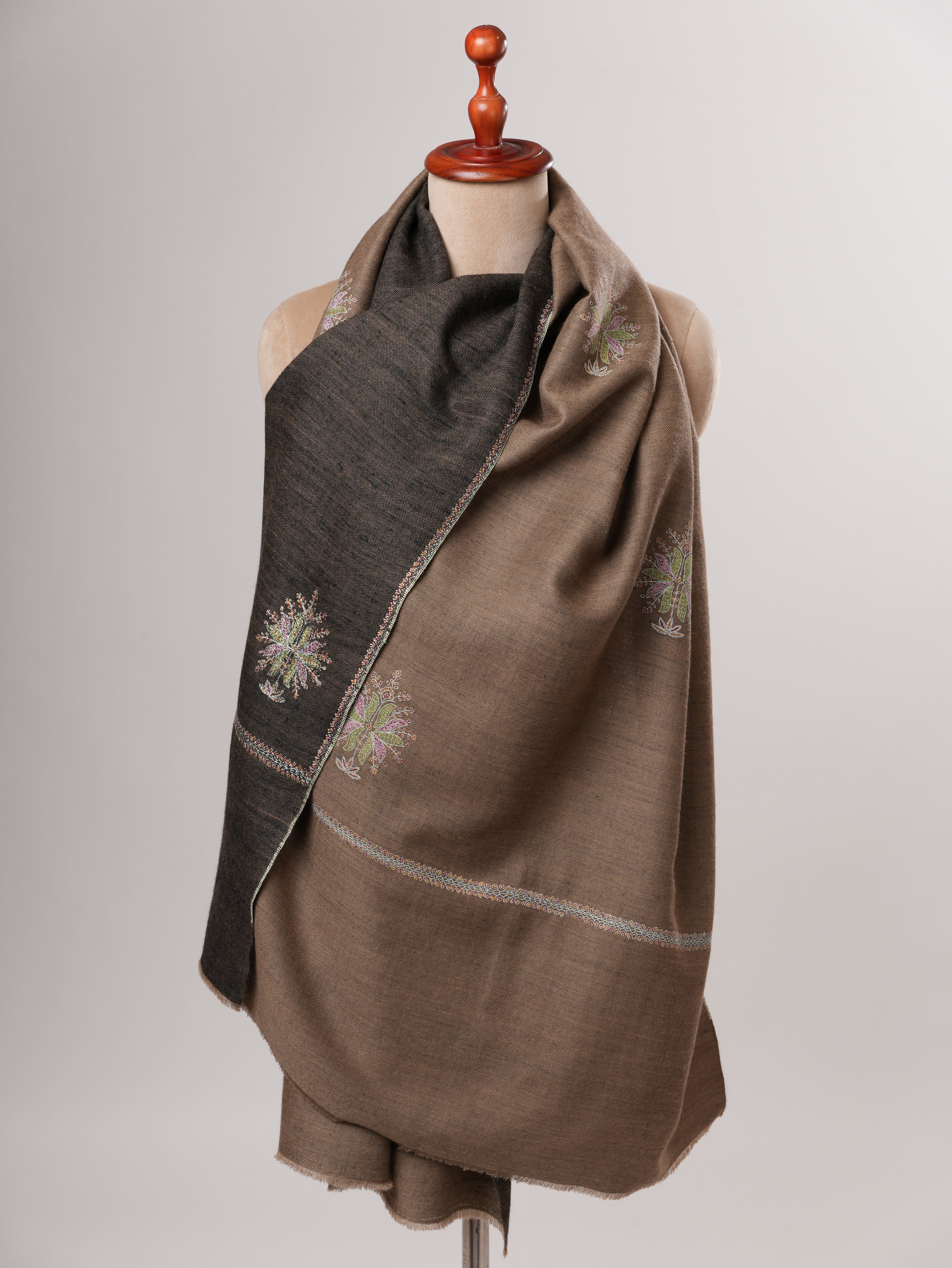 Toosh Brown and  Black Pashmina Shawl with Hand Embroidered Buteh Shahkaar
