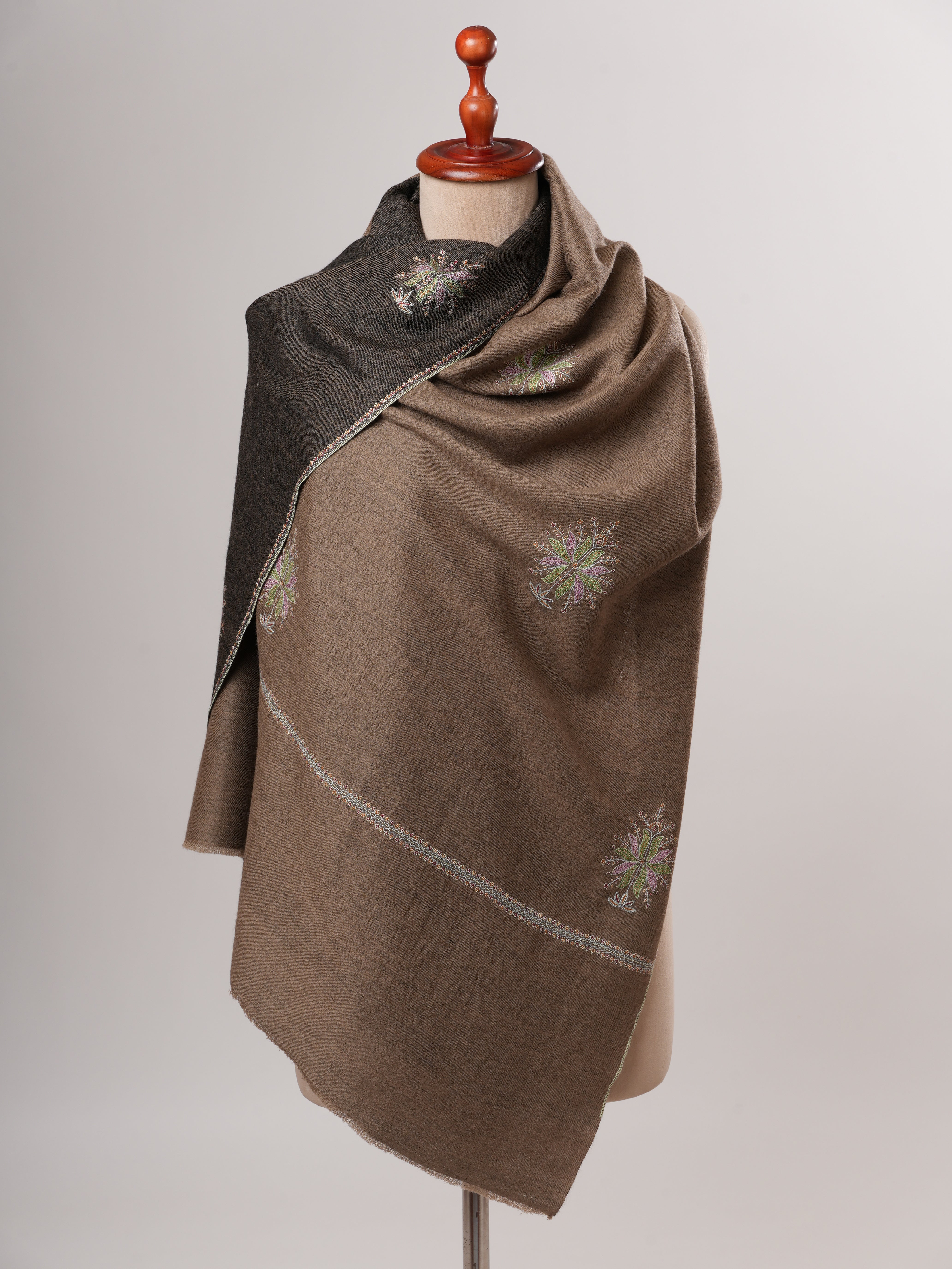 Toosh Brown and  Black Pashmina Shawl with Hand Embroidered Buteh Shahkaar