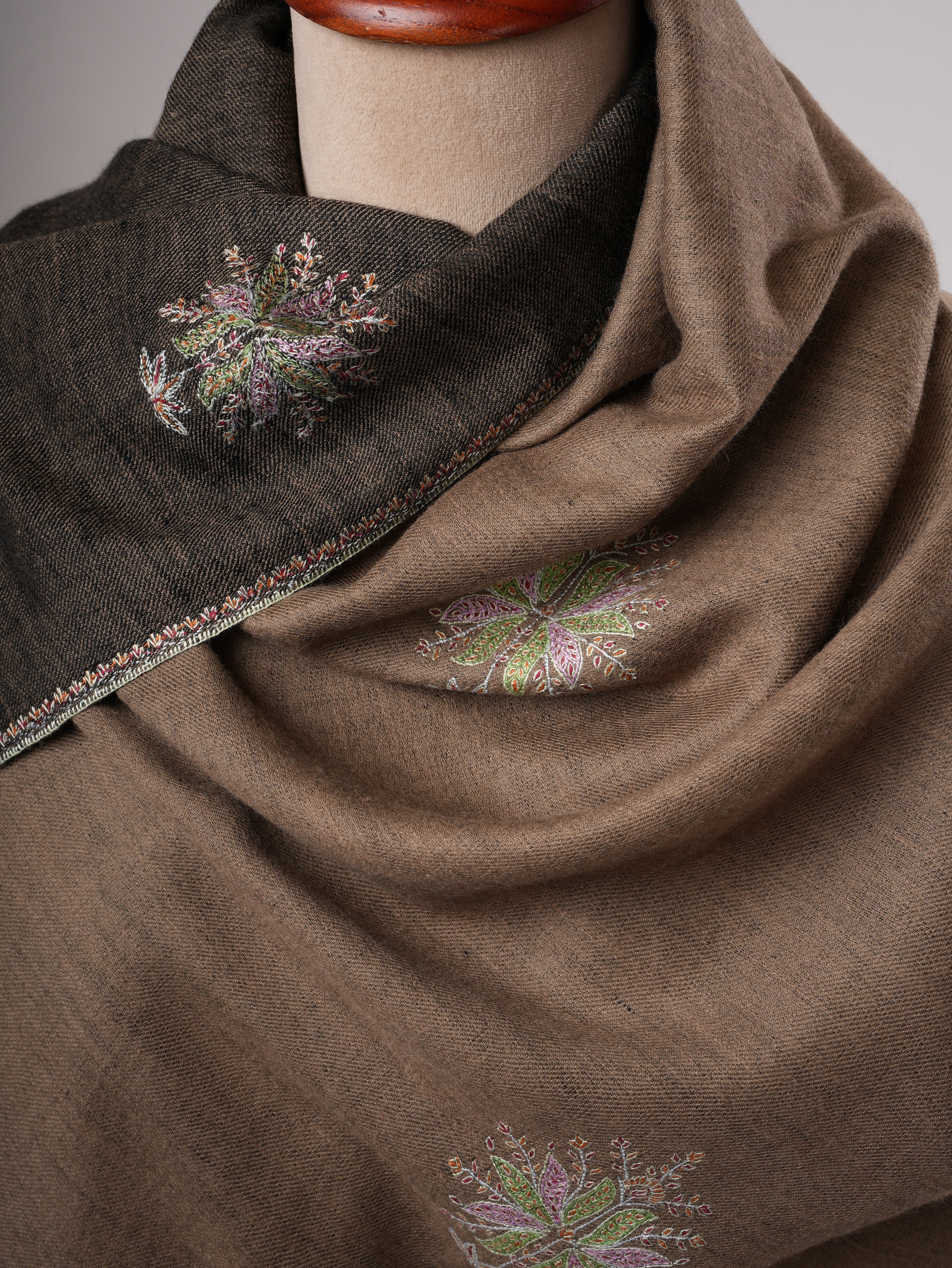 Toosh Brown and  Black Pashmina Shawl with Hand Embroidered Buteh Shahkaar