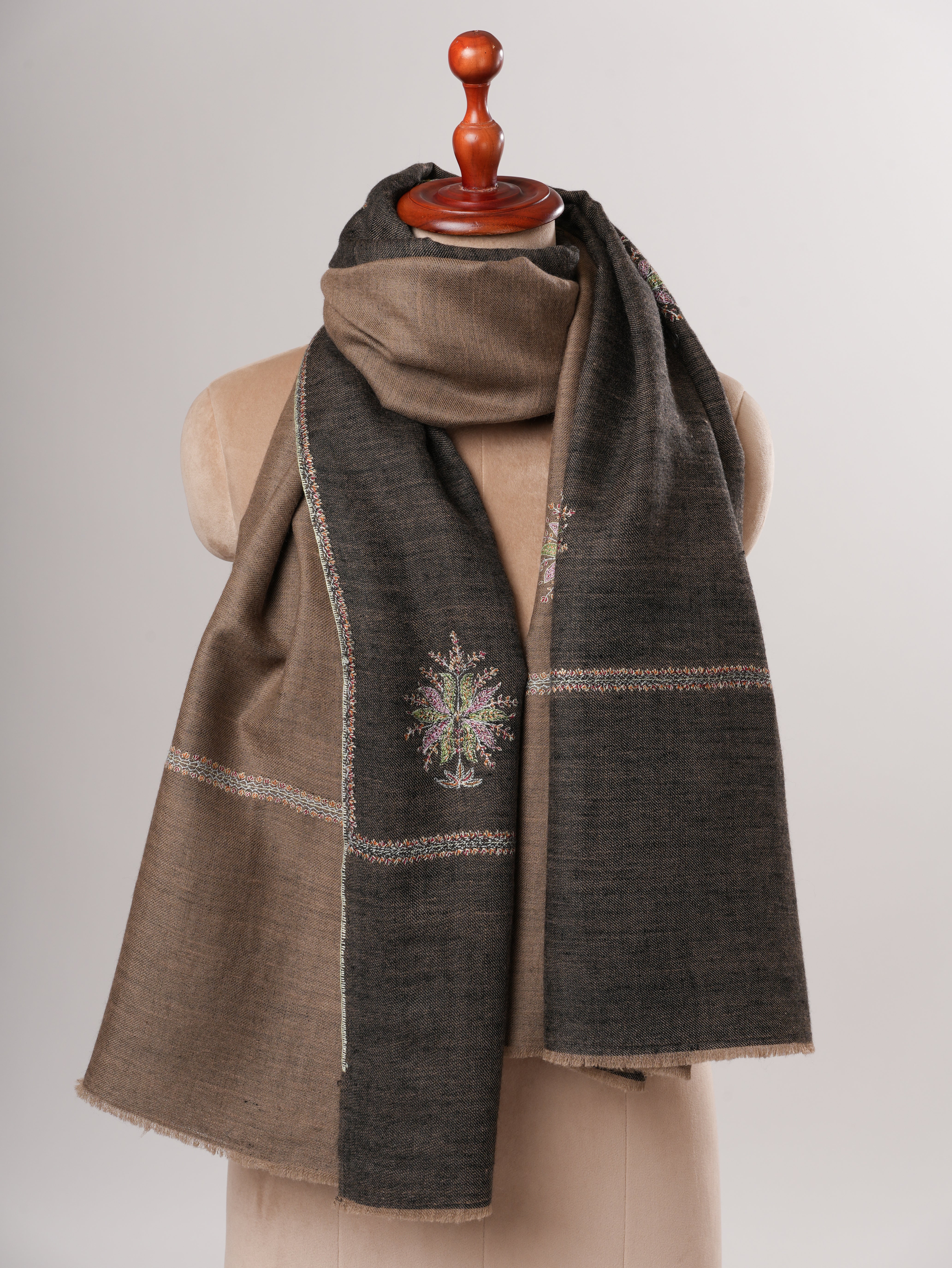 Toosh Brown and  Black Pashmina Shawl with Hand Embroidered Buteh Shahkaar
