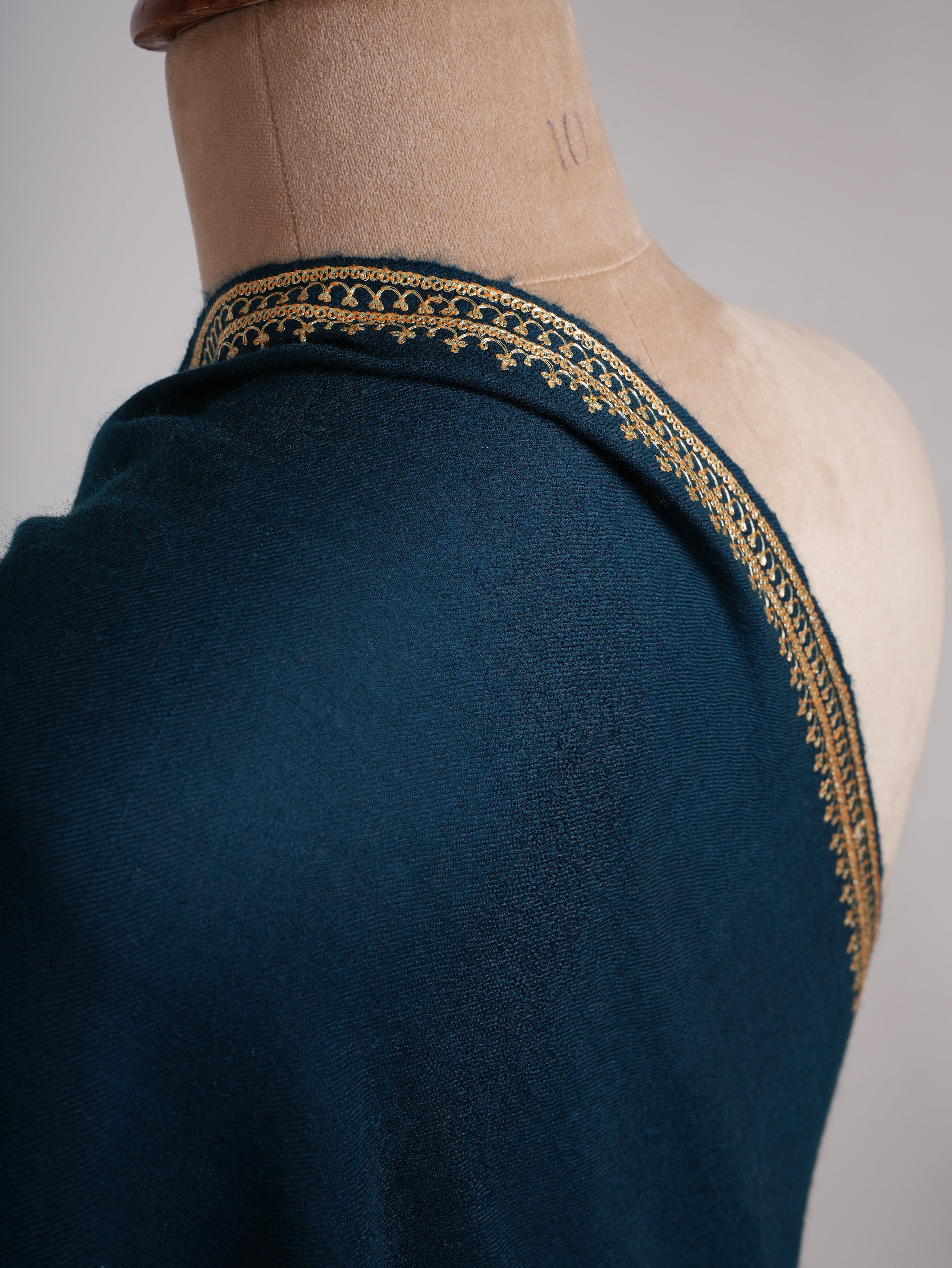 Ocean Blue Gold Tilla Embroidered Pure Pashmina Shawl