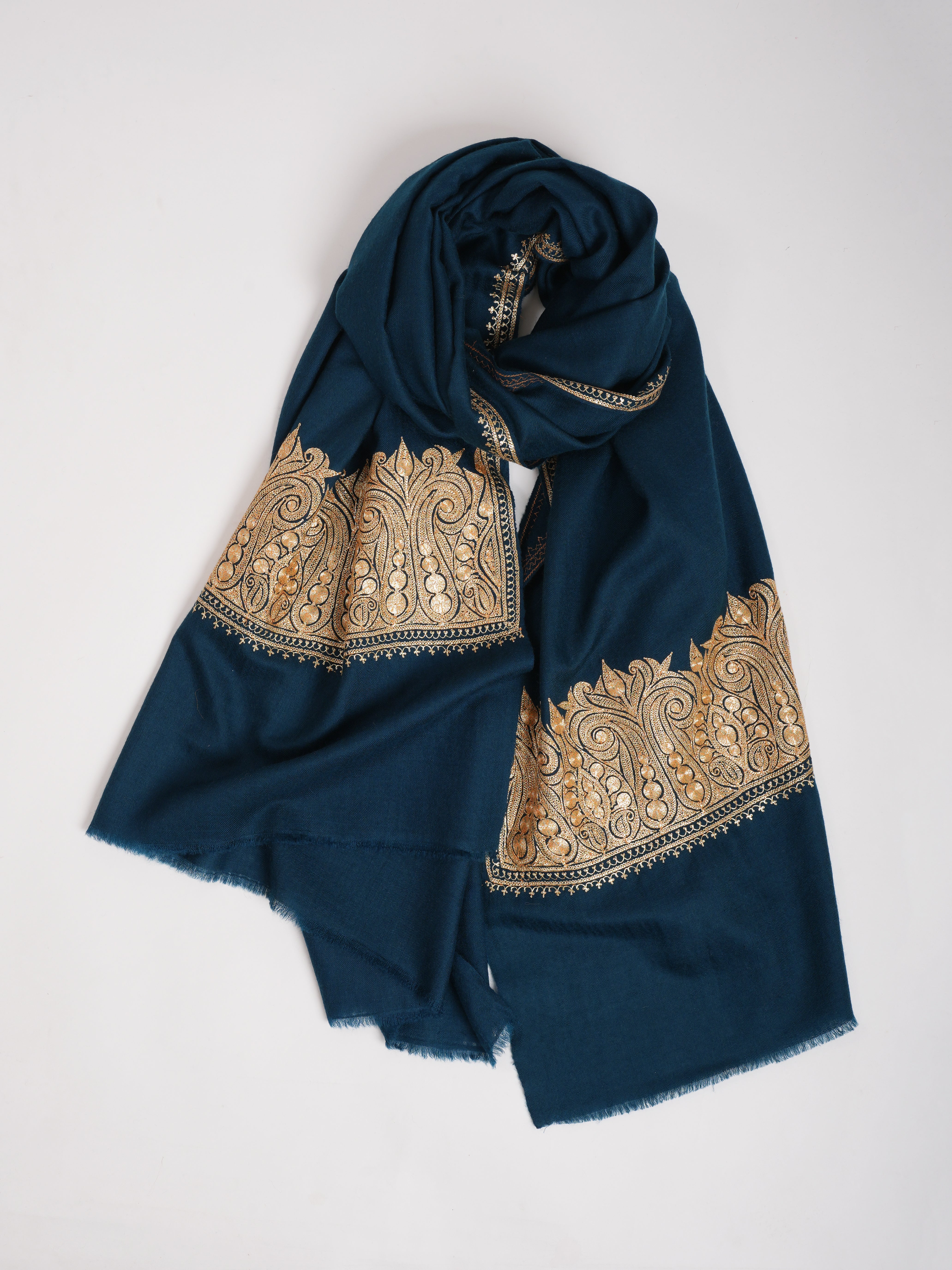 Ocean Blue Gold Tilla Embroidered Pure Pashmina Shawl