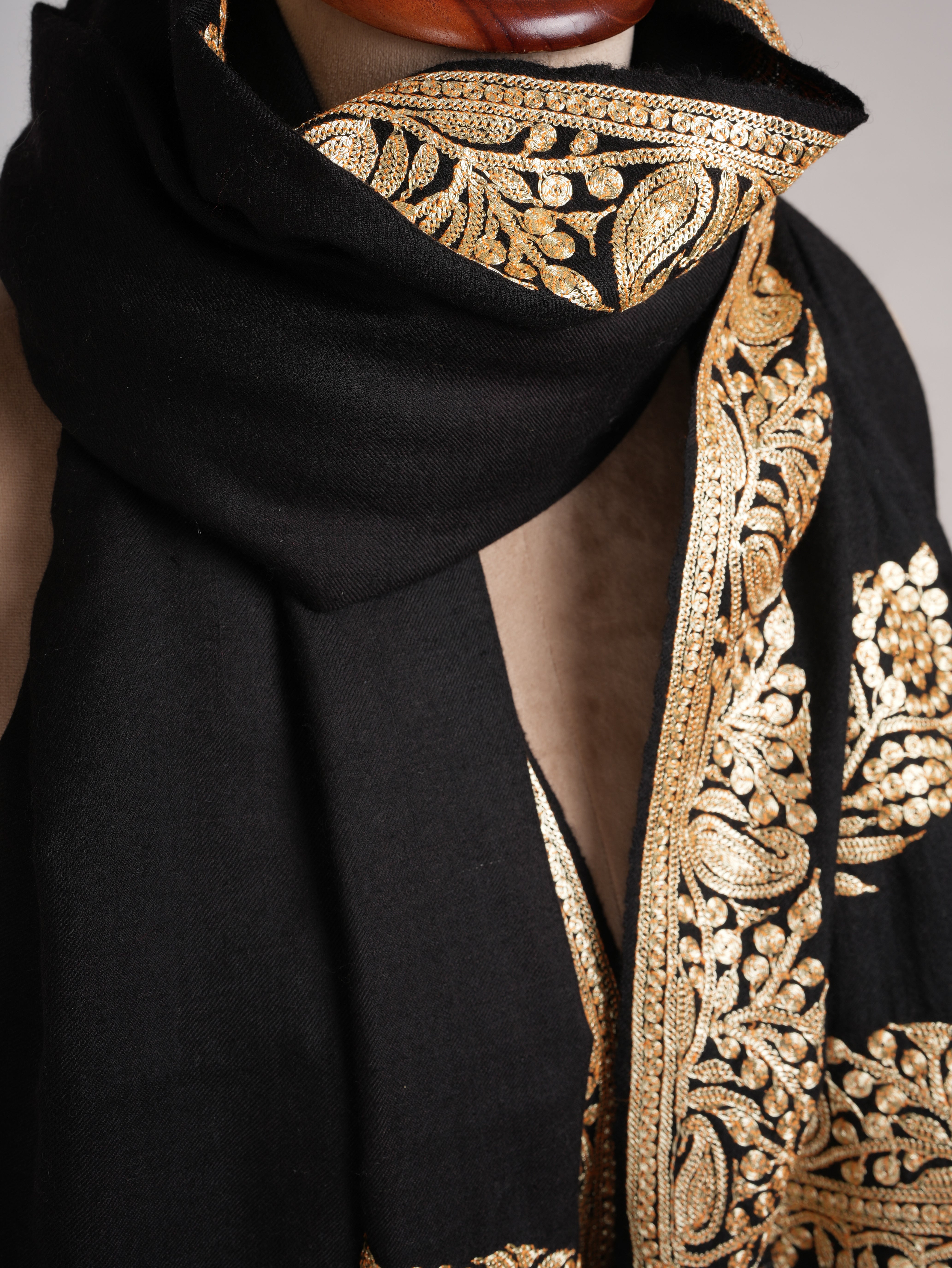 Black and Gold Tilla Embroidered Pure Pashmina Shawl
