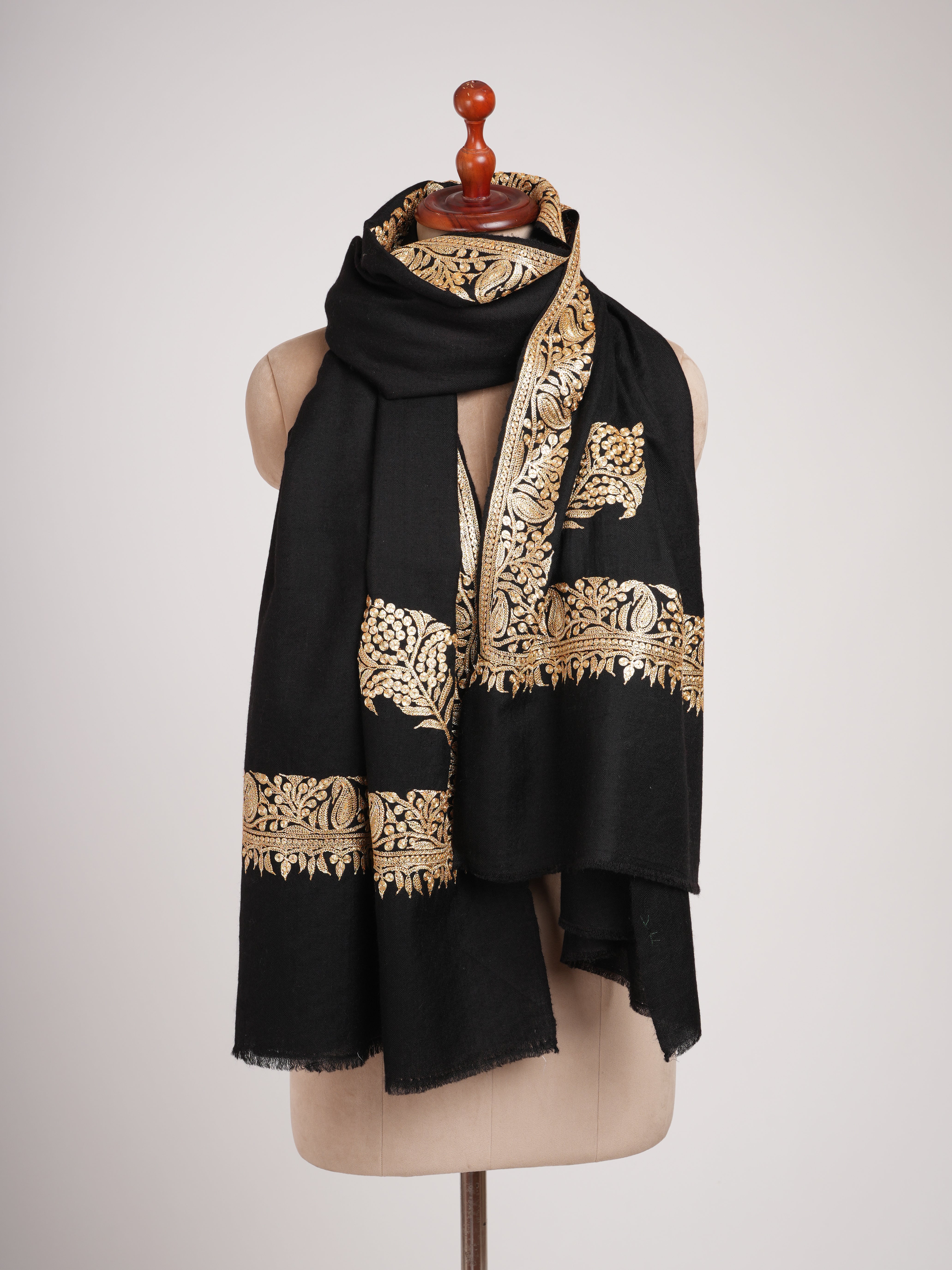 Black and Gold Tilla Embroidered Pure Pashmina Shawl