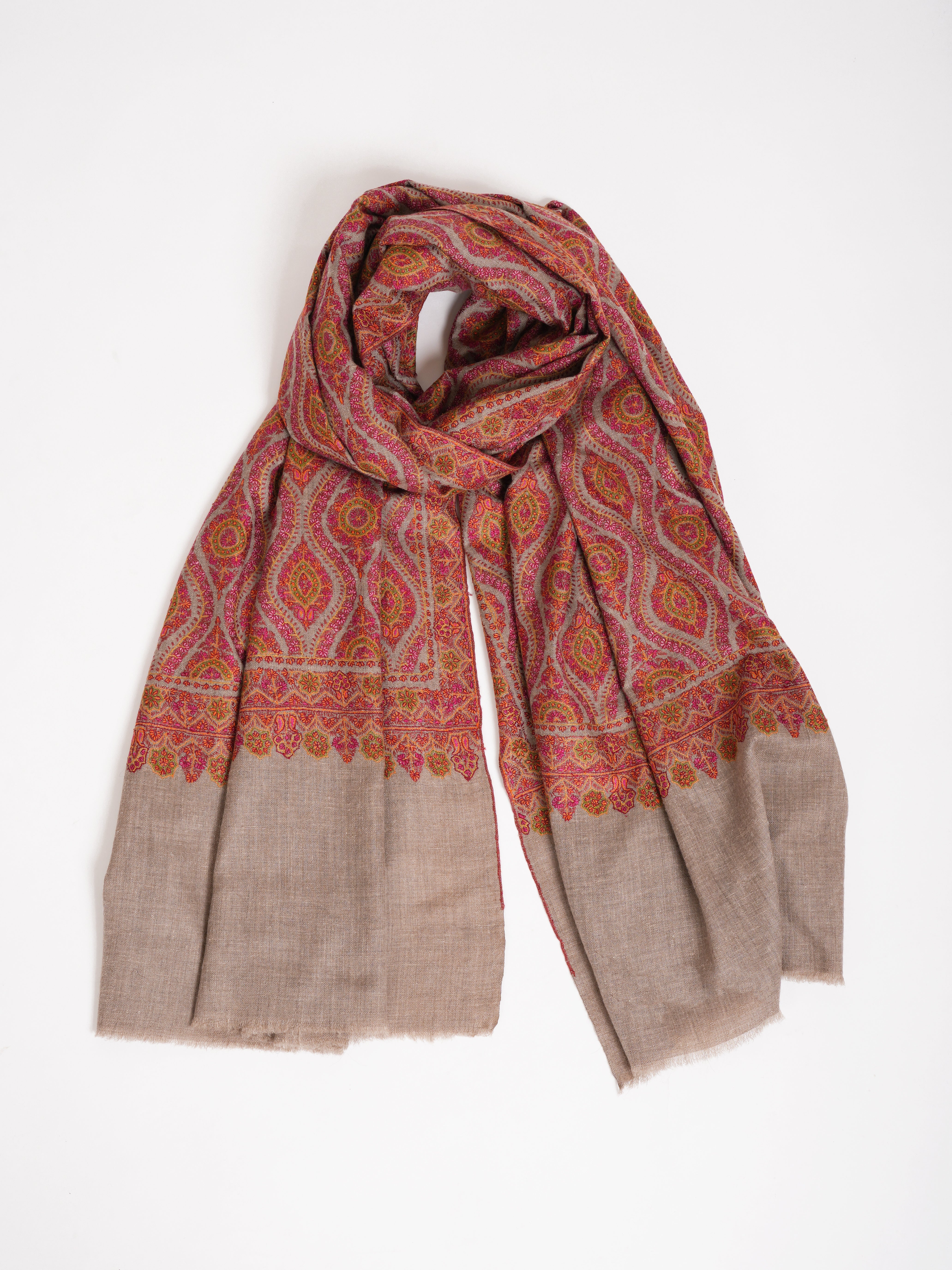 Hand Embroidered Natural Grey Pashmina Jamavar Shawl