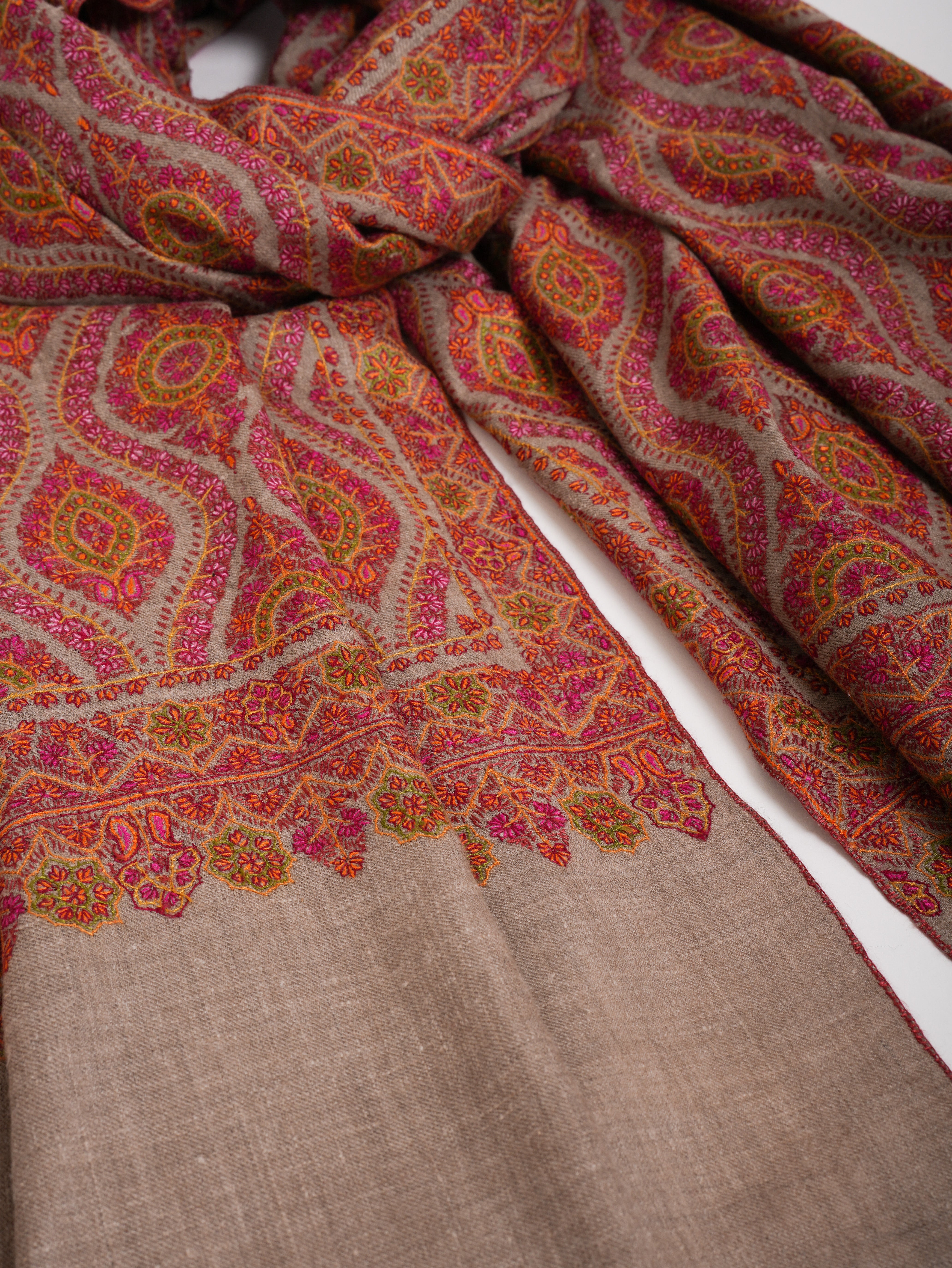 Hand Embroidered Natural Grey Pashmina Jamavar Shawl