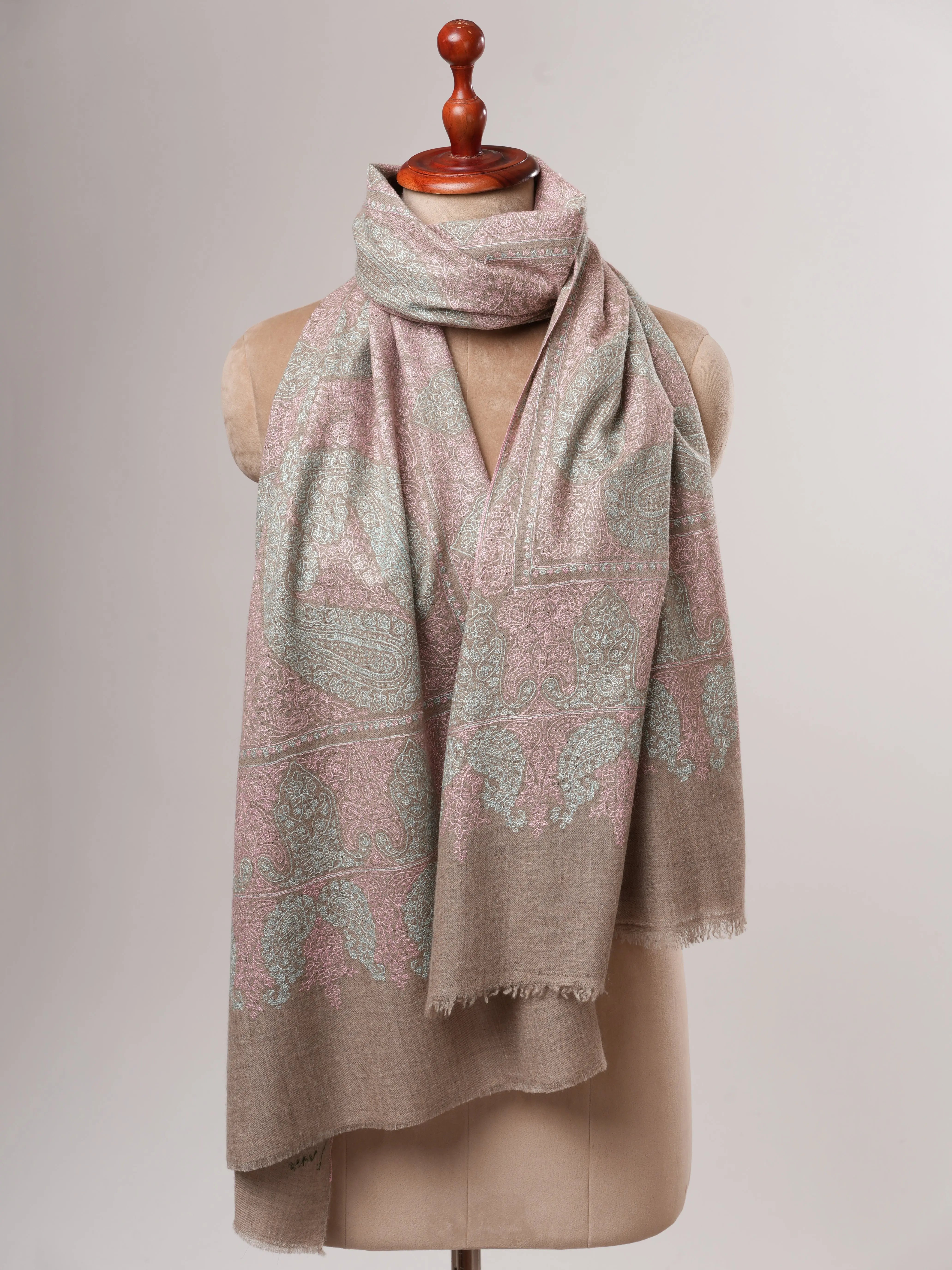 Natural Grey Baby Soft Cashmere Jamavar Scarf – Elegant Handwoven Luxury Shahkaar