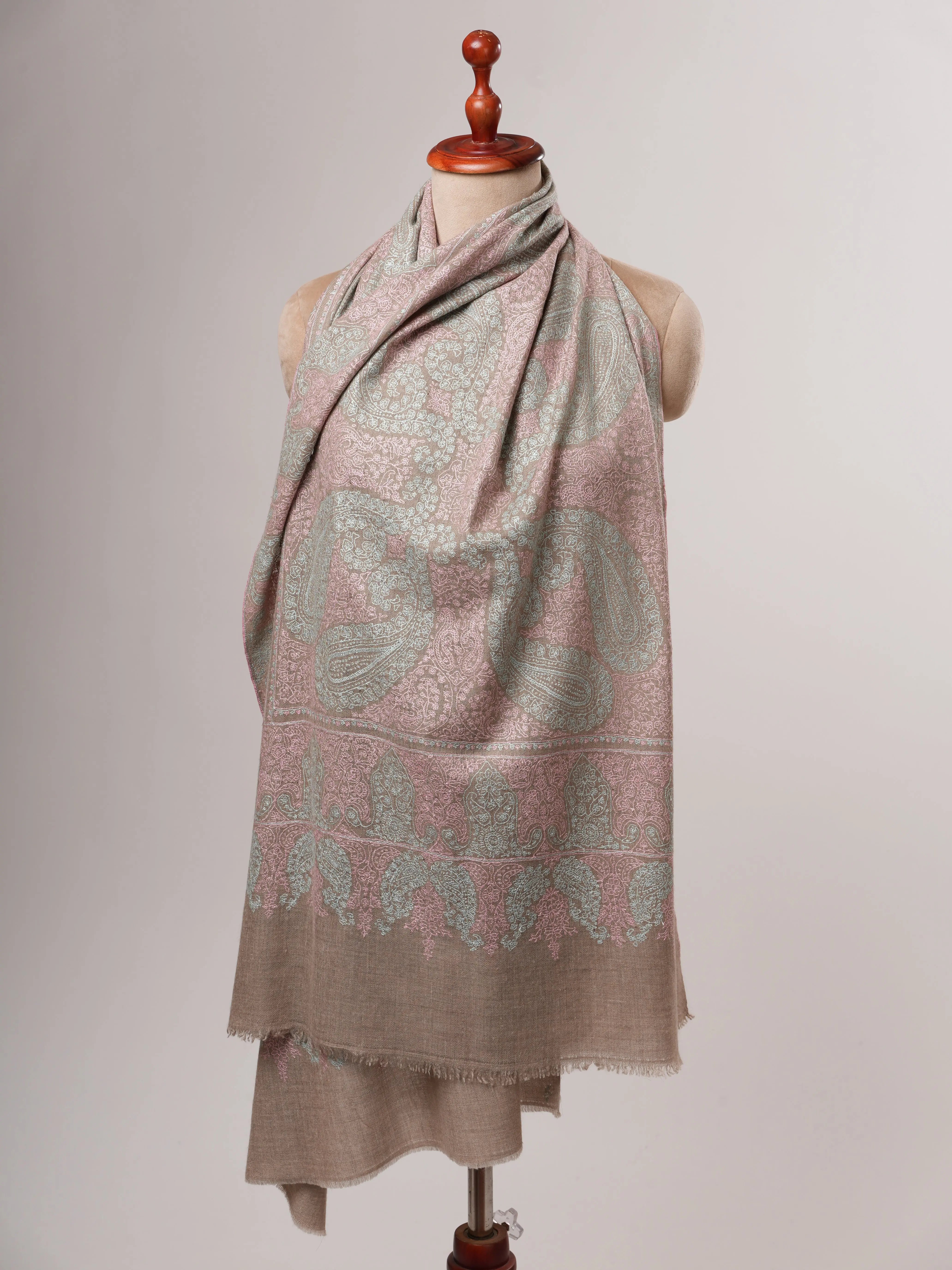 Natural Grey Baby Soft Cashmere Jamavar Scarf – Elegant Handwoven Luxury Shahkaar