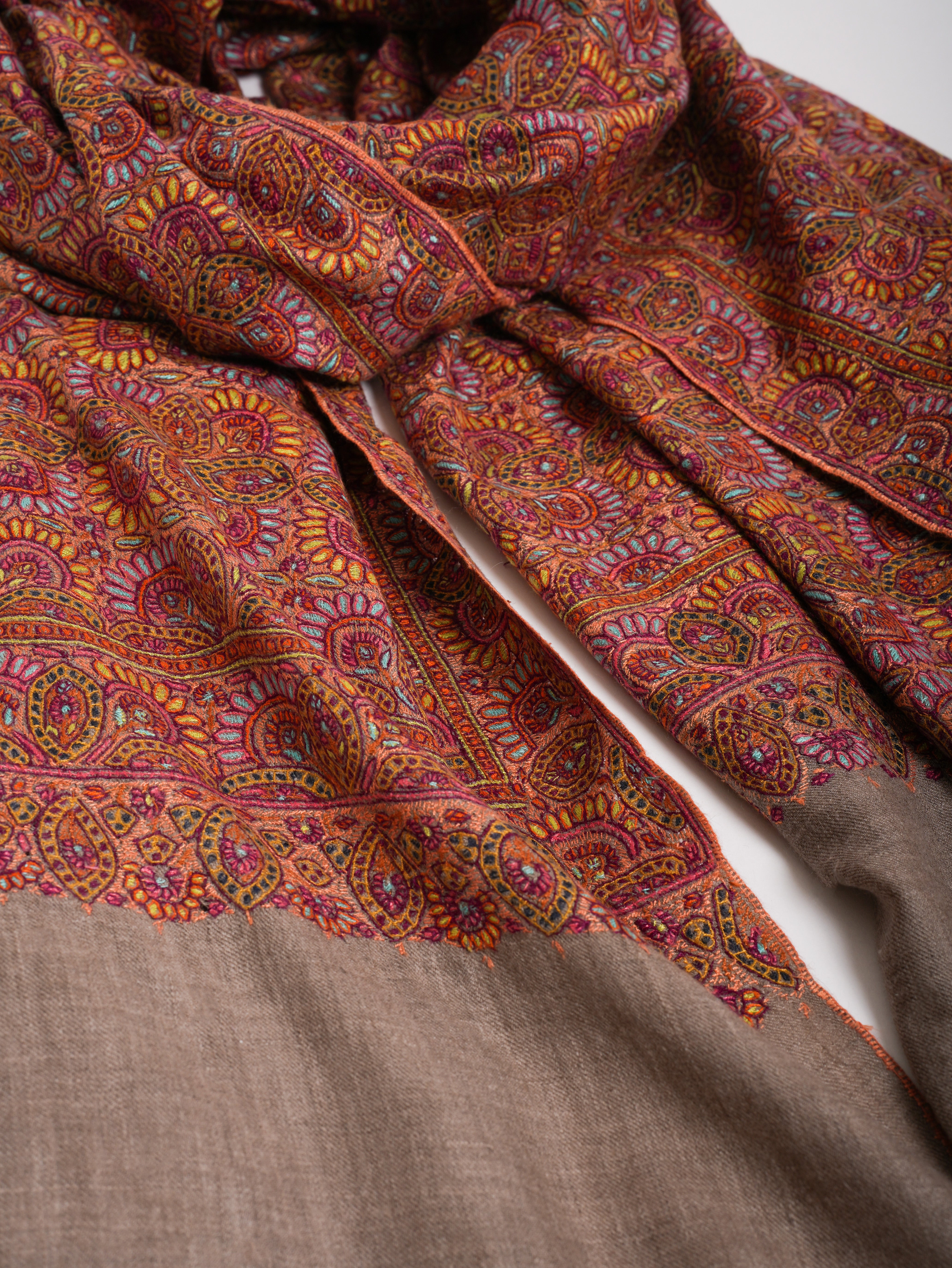 Khatamband Embroidered Natural Grey Pashmina Jamavar Shawl