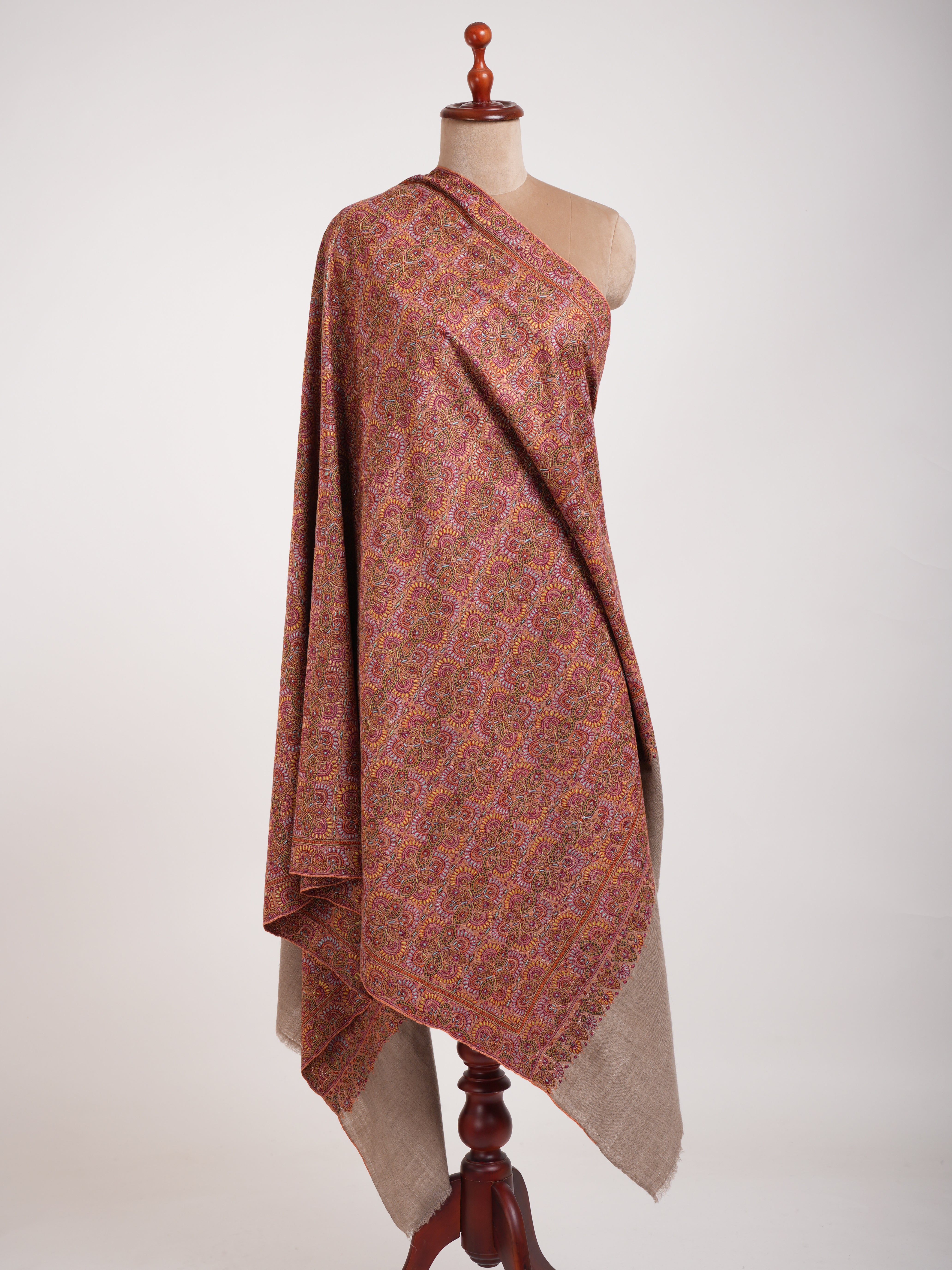 Khatamband Embroidered Natural Grey Pashmina Jamavar Shawl