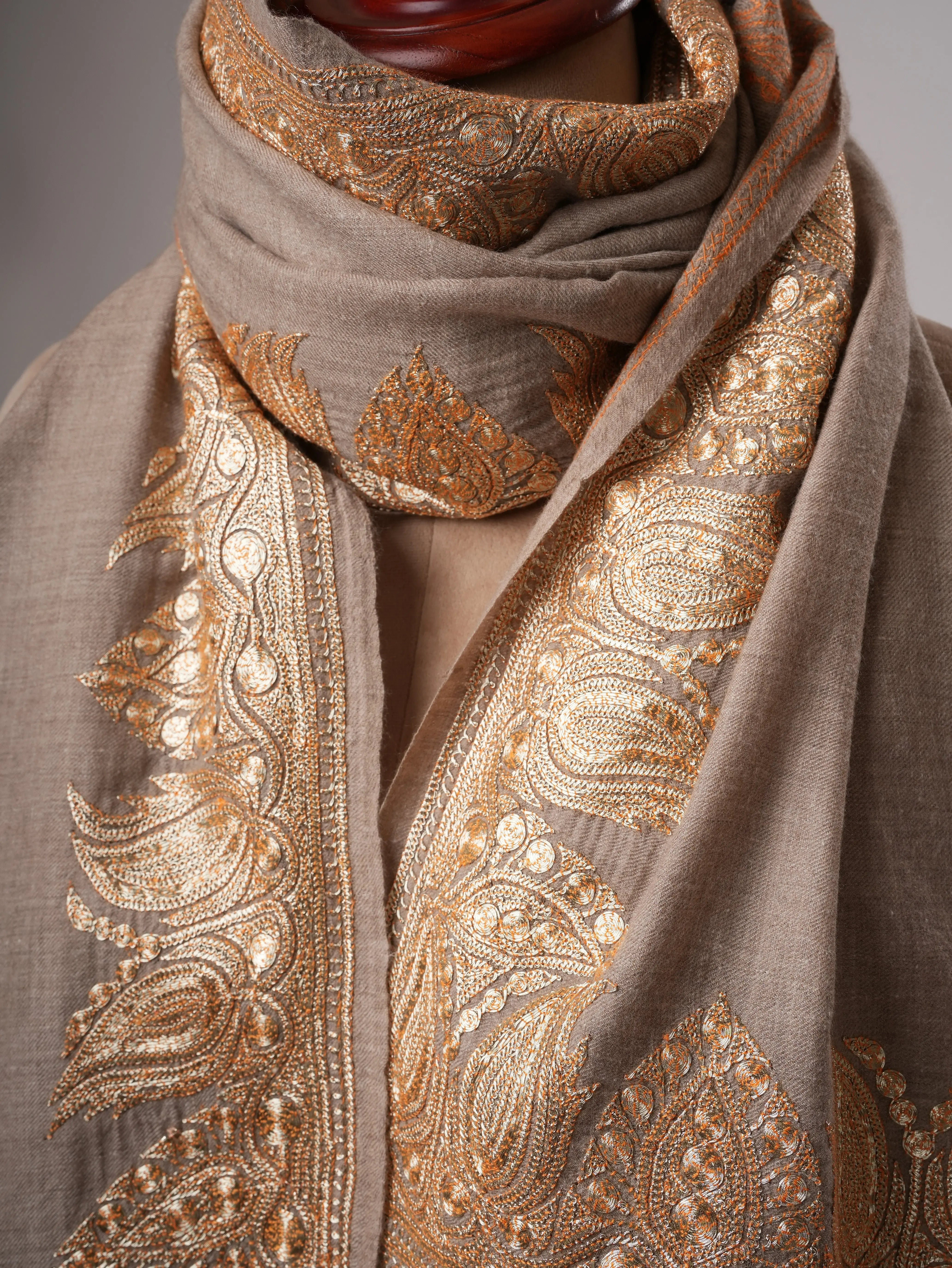 Natural Soft Pashmina Shawl with Daurdar Gold Tilla Hand Embroidery Shahkaar