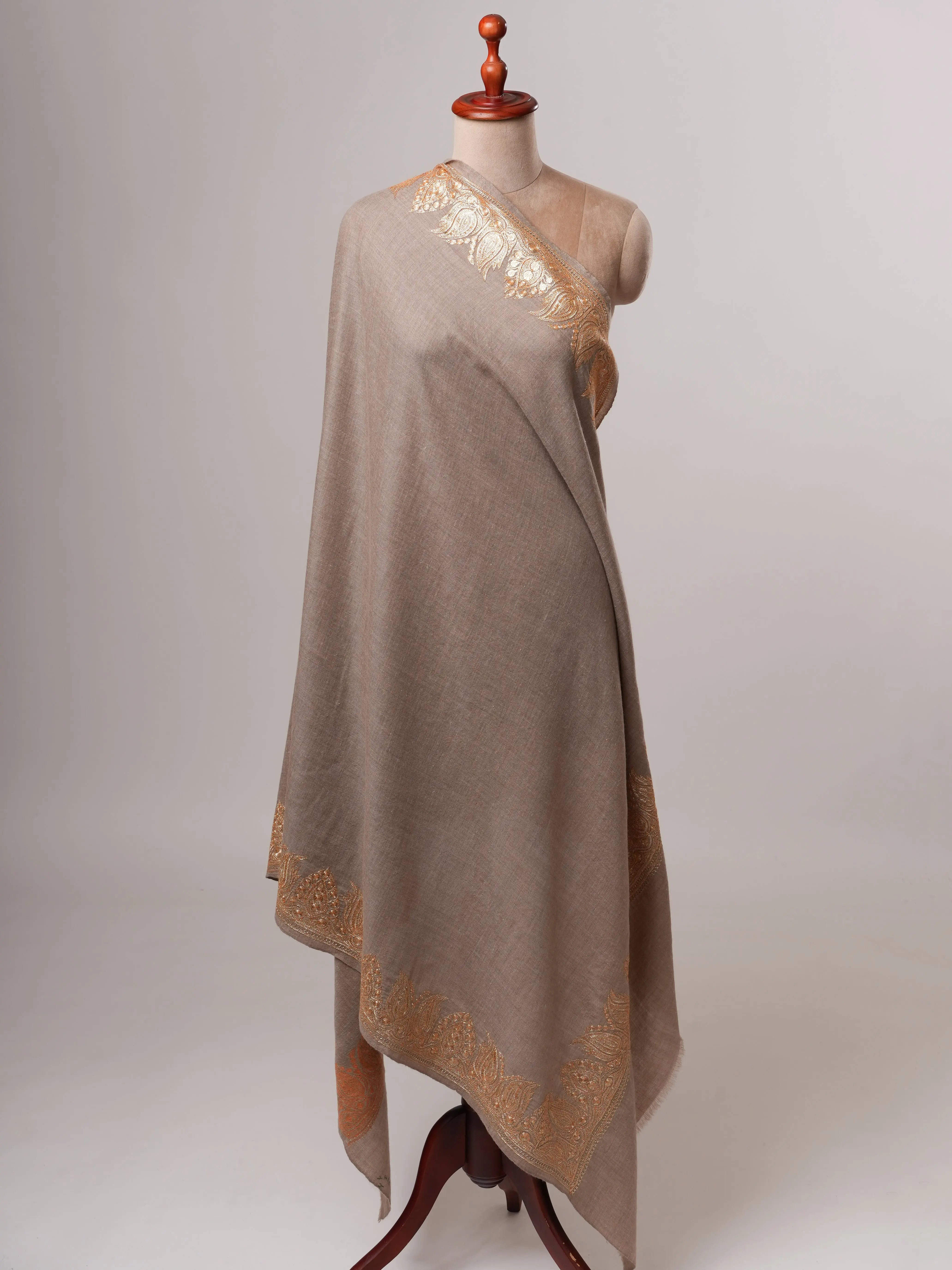 Natural Soft Pashmina Shawl with Daurdar Gold Tilla Hand Embroidery Shahkaar