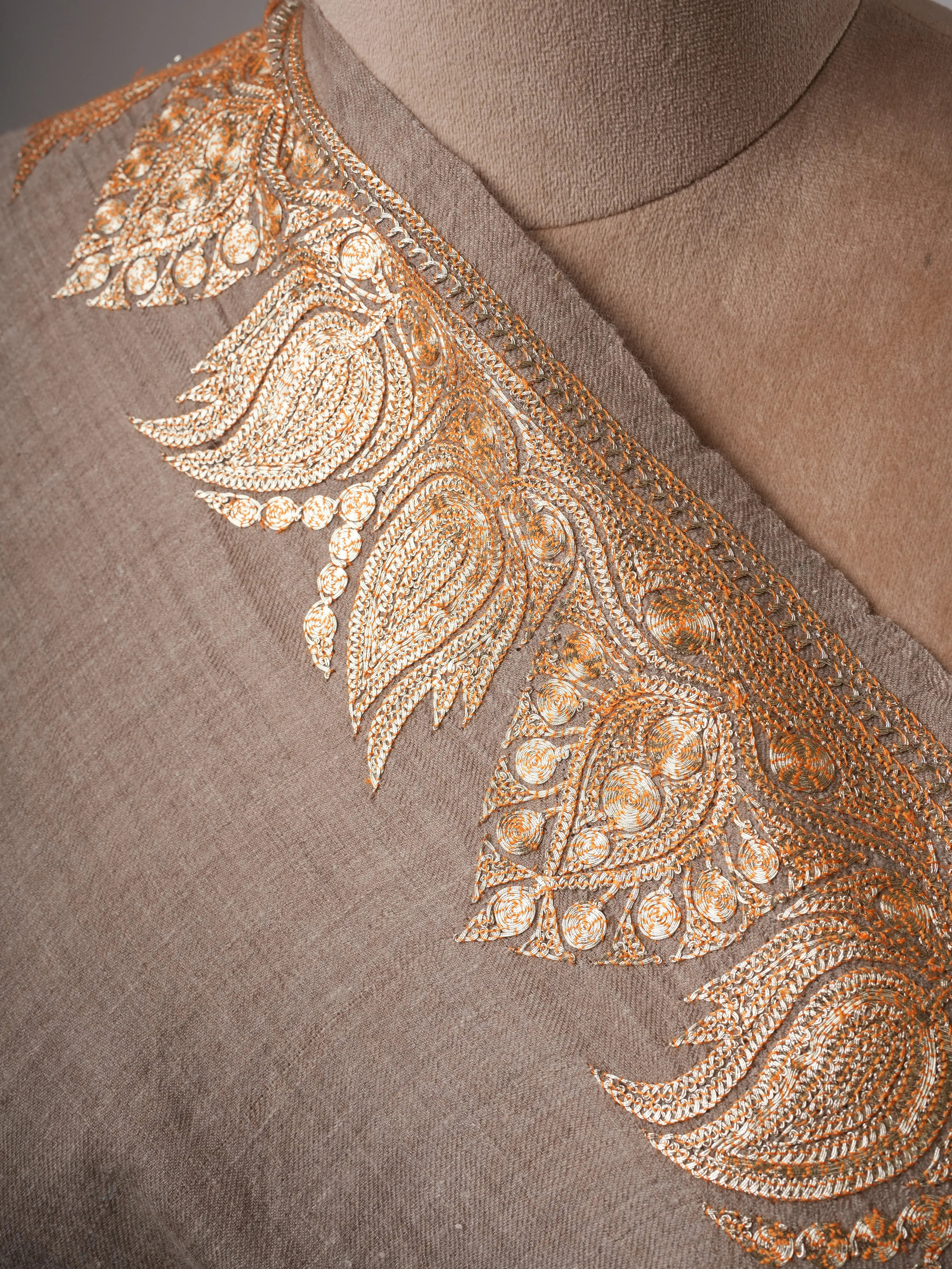 Natural Soft Pashmina Shawl with Daurdar Gold Tilla Hand Embroidery Shahkaar