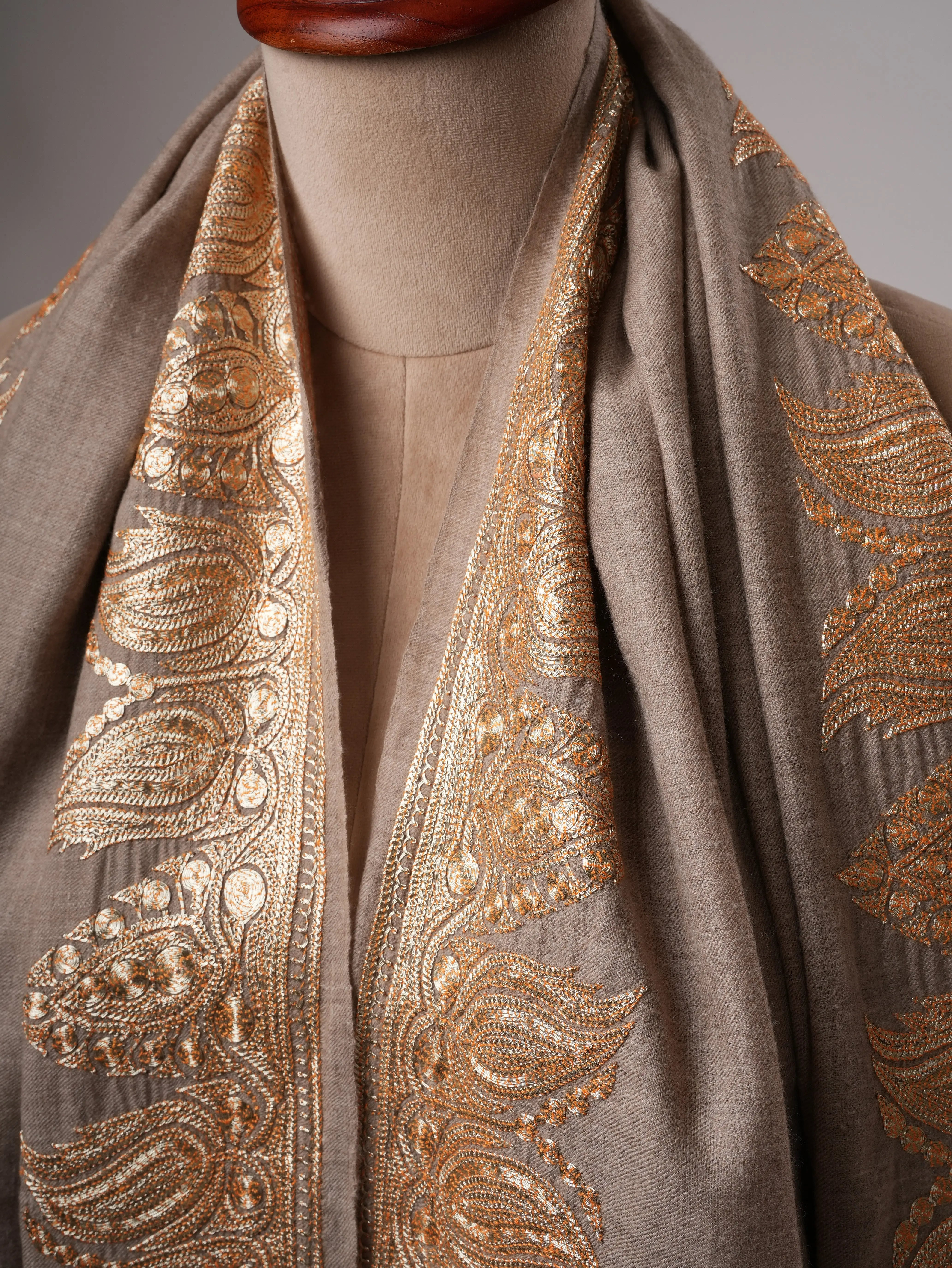 Natural Soft Pashmina Shawl with Daurdar Gold Tilla Hand Embroidery Shahkaar