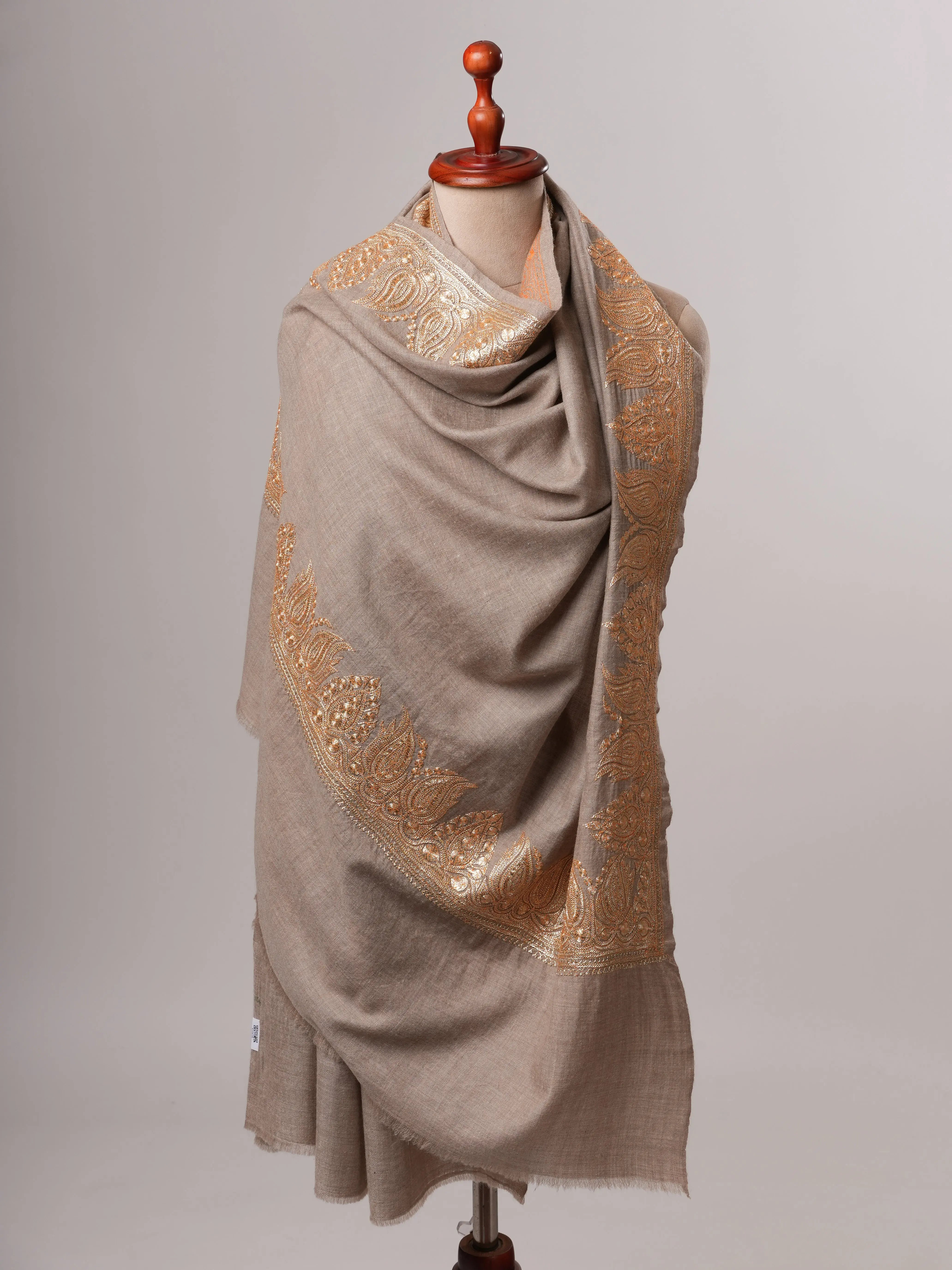 Natural Soft Pashmina Shawl with Daurdar Gold Tilla Hand Embroidery Shahkaar