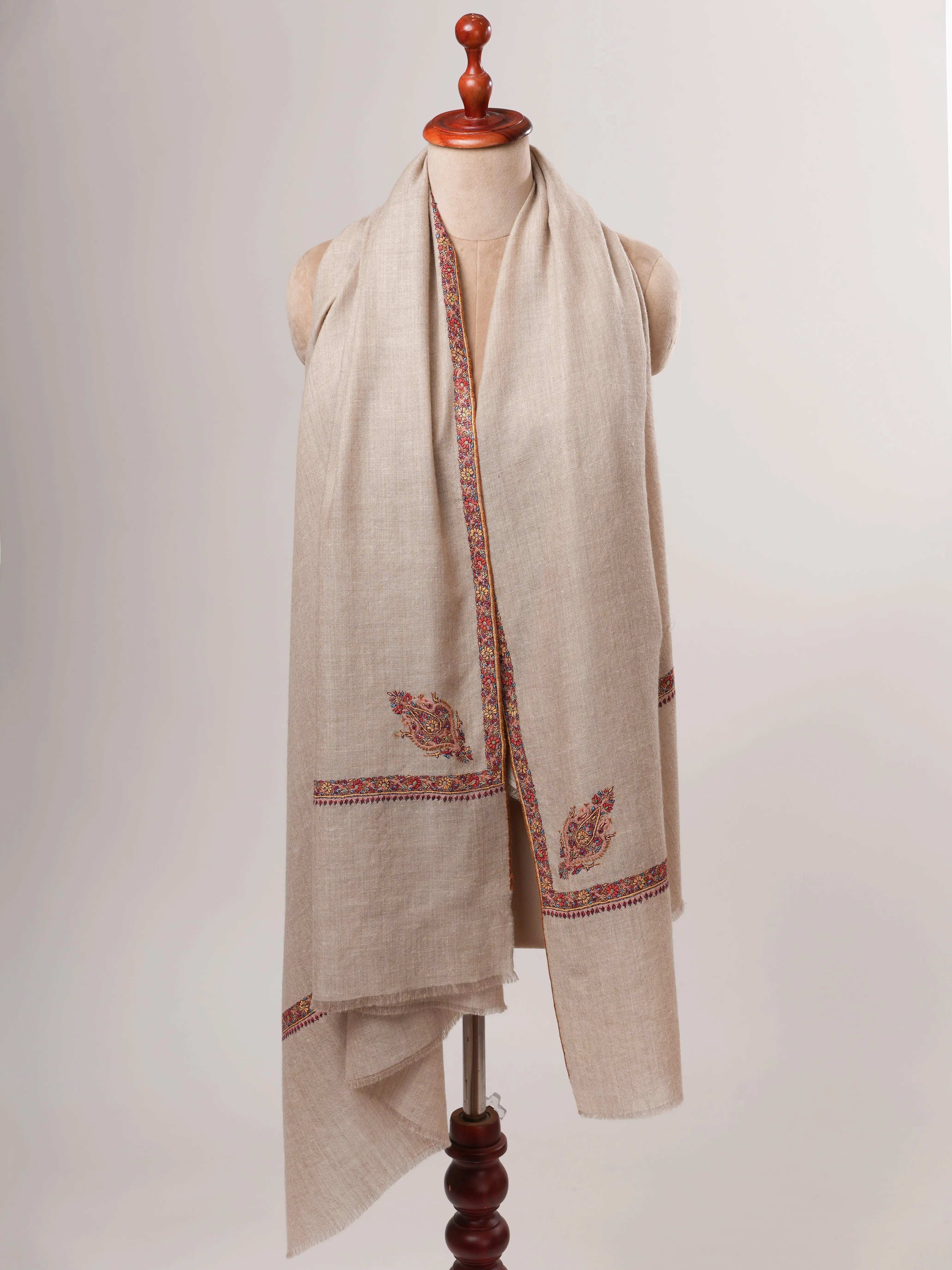 Natural Grey Hashia Embroidered Kashmiri Pashmina Shawl – Soft Timeless Luxury Shahkaar