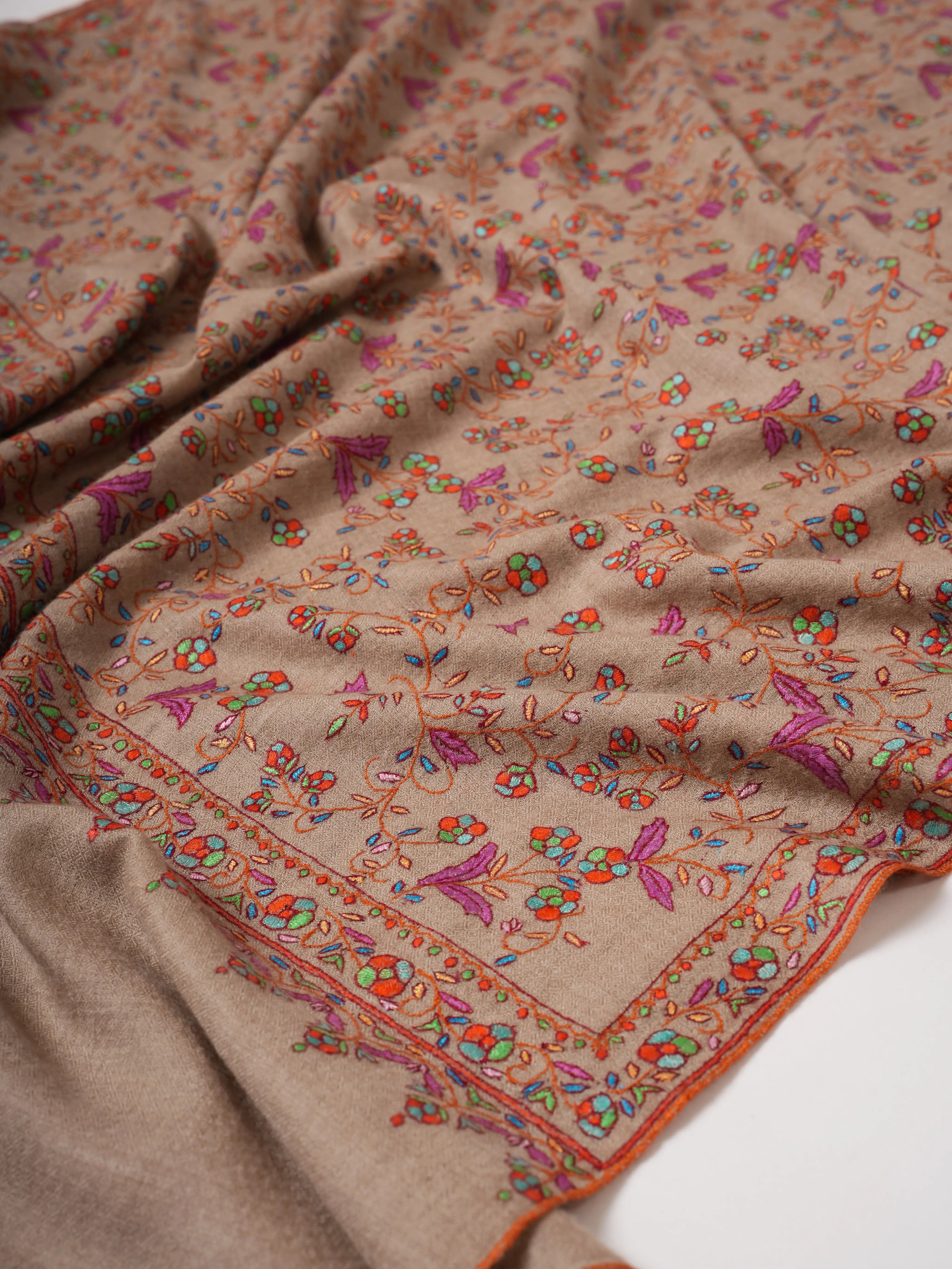 Natural Grey Kashmiri Pashmina Shawl with Jali Hand Embroidery Shahkaar