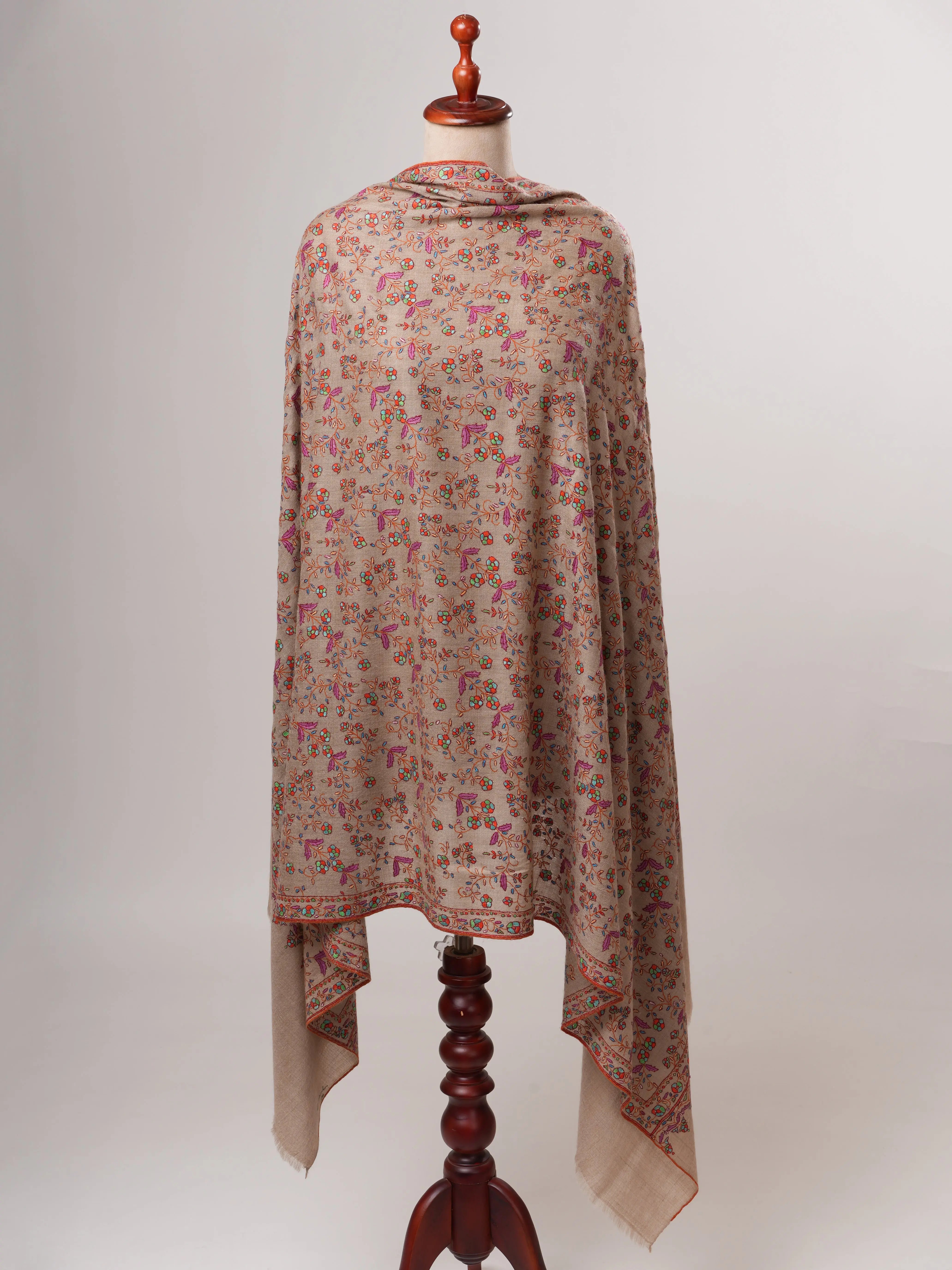 Natural Grey Kashmiri Pashmina Shawl with Jali Hand Embroidery Shahkaar