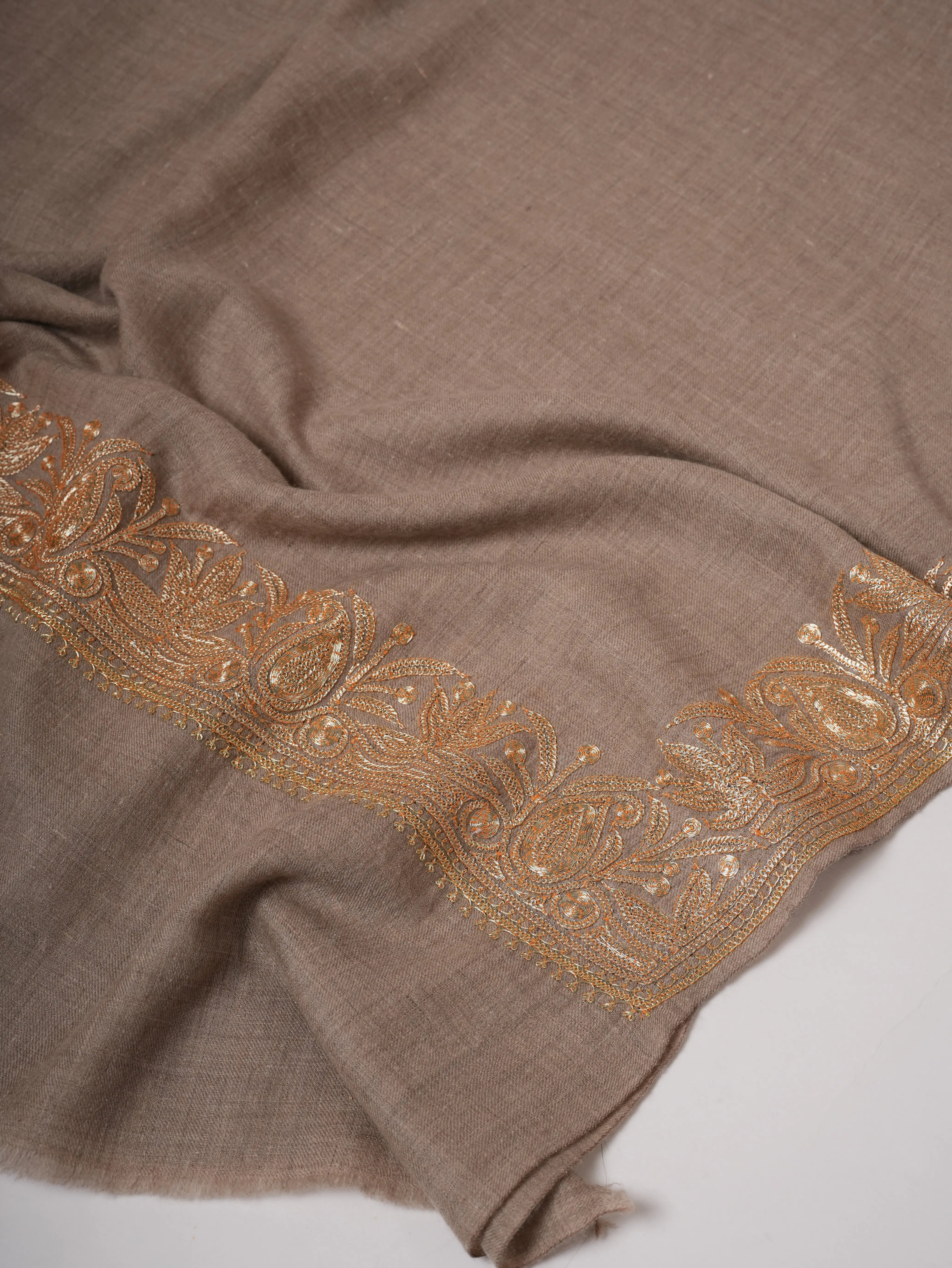 Natural Grey Daurdar Pashmina Shawl with Gold Tilla Embroidery Shahkaar