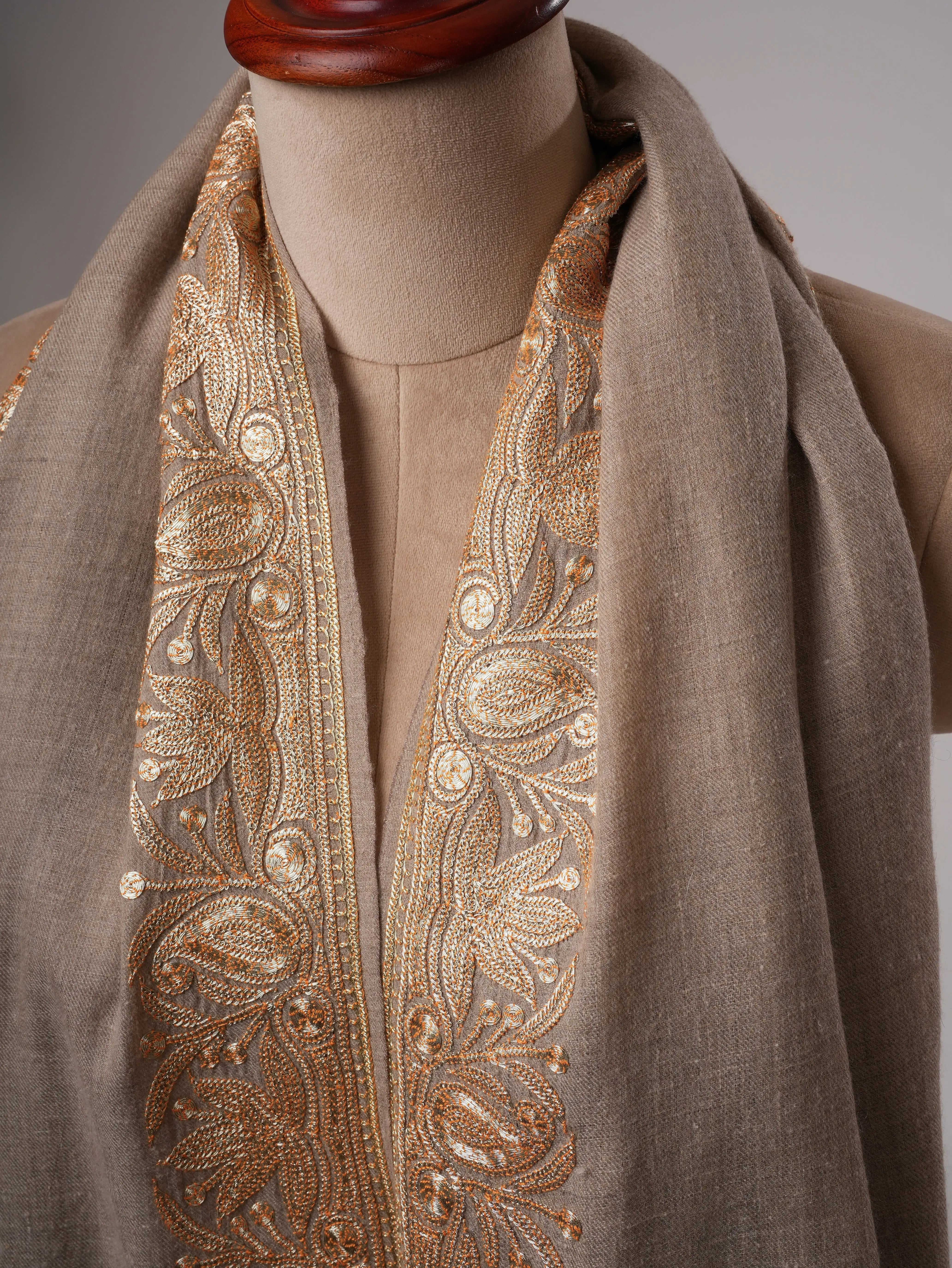 Natural Grey Daurdar Pashmina Shawl with Gold Tilla Embroidery Shahkaar