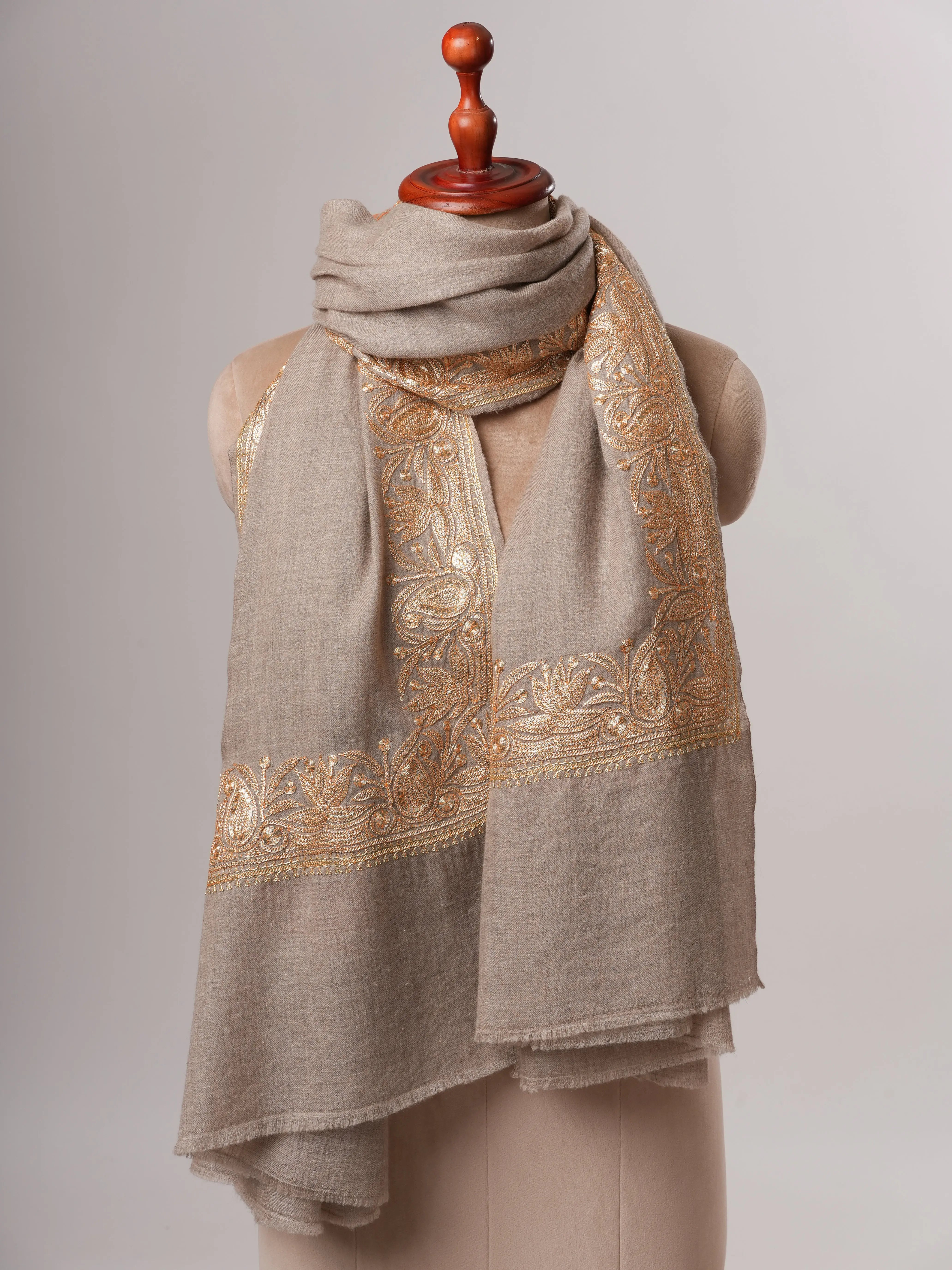 Natural Grey Daurdar Pashmina Shawl with Gold Tilla Embroidery Shahkaar
