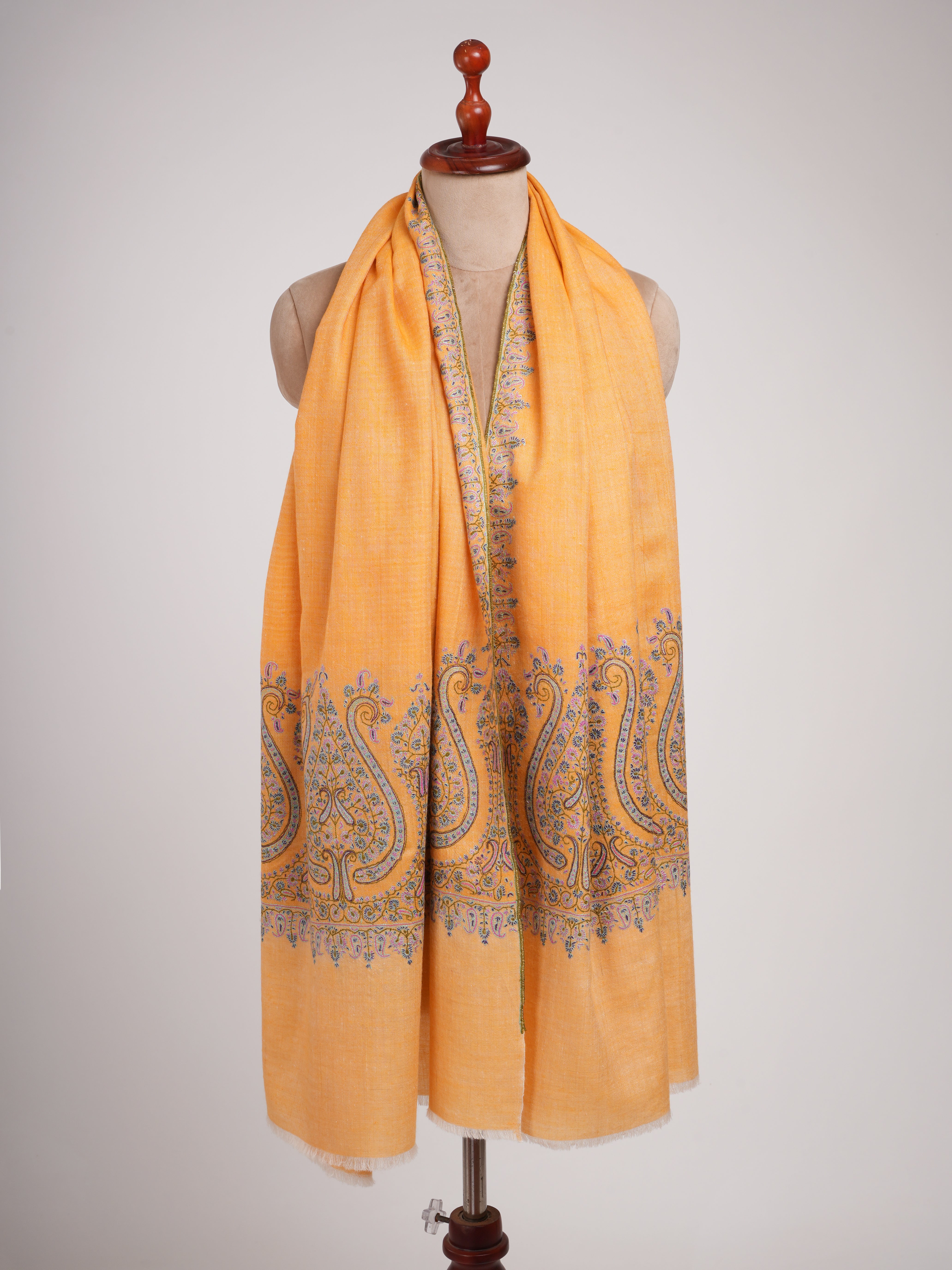 Orange Kashmir Pashmina Shawl with Palla Sozni Embroidery