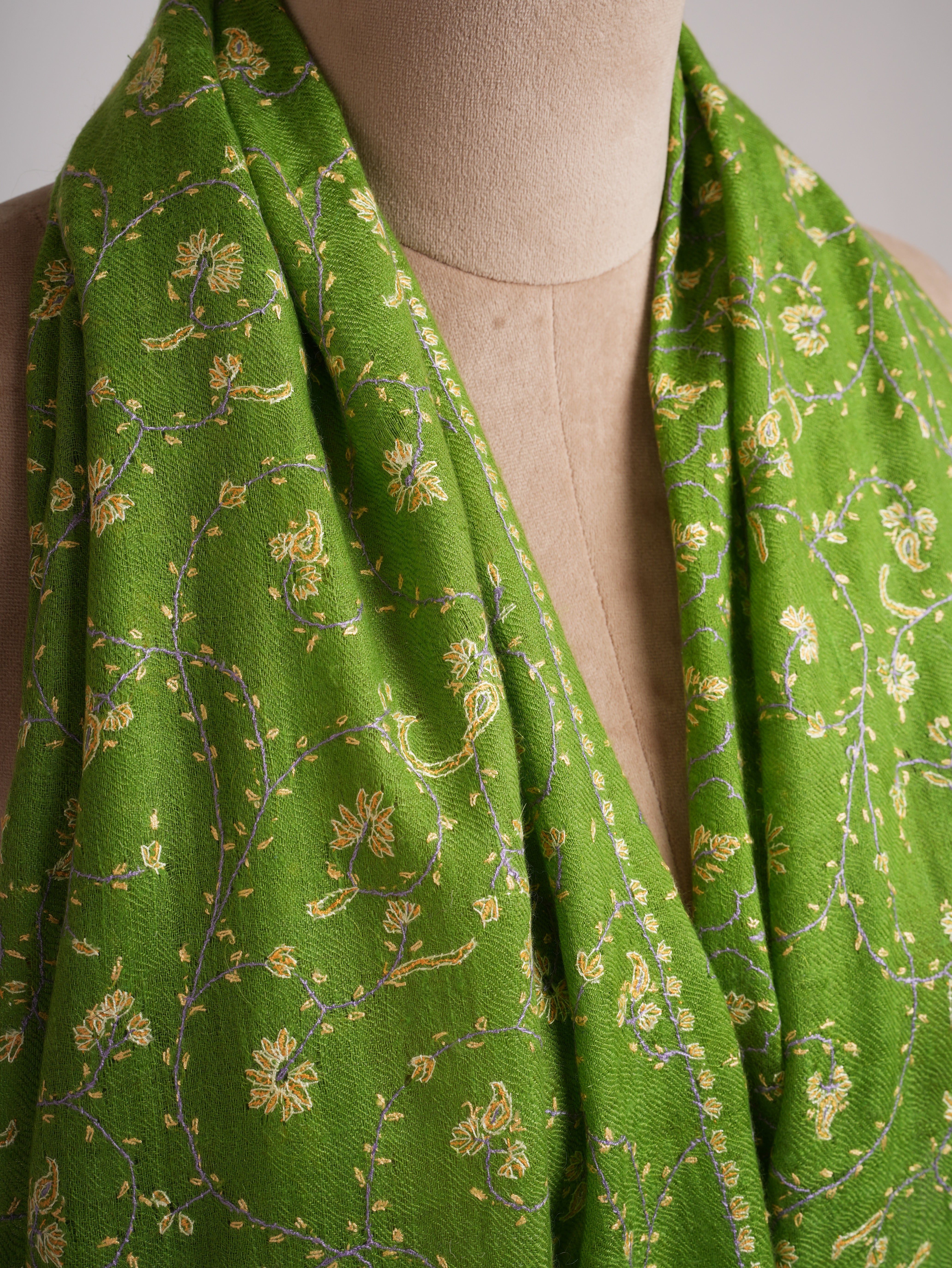 Green Hand Embroidered Jali Cashmere Scarf