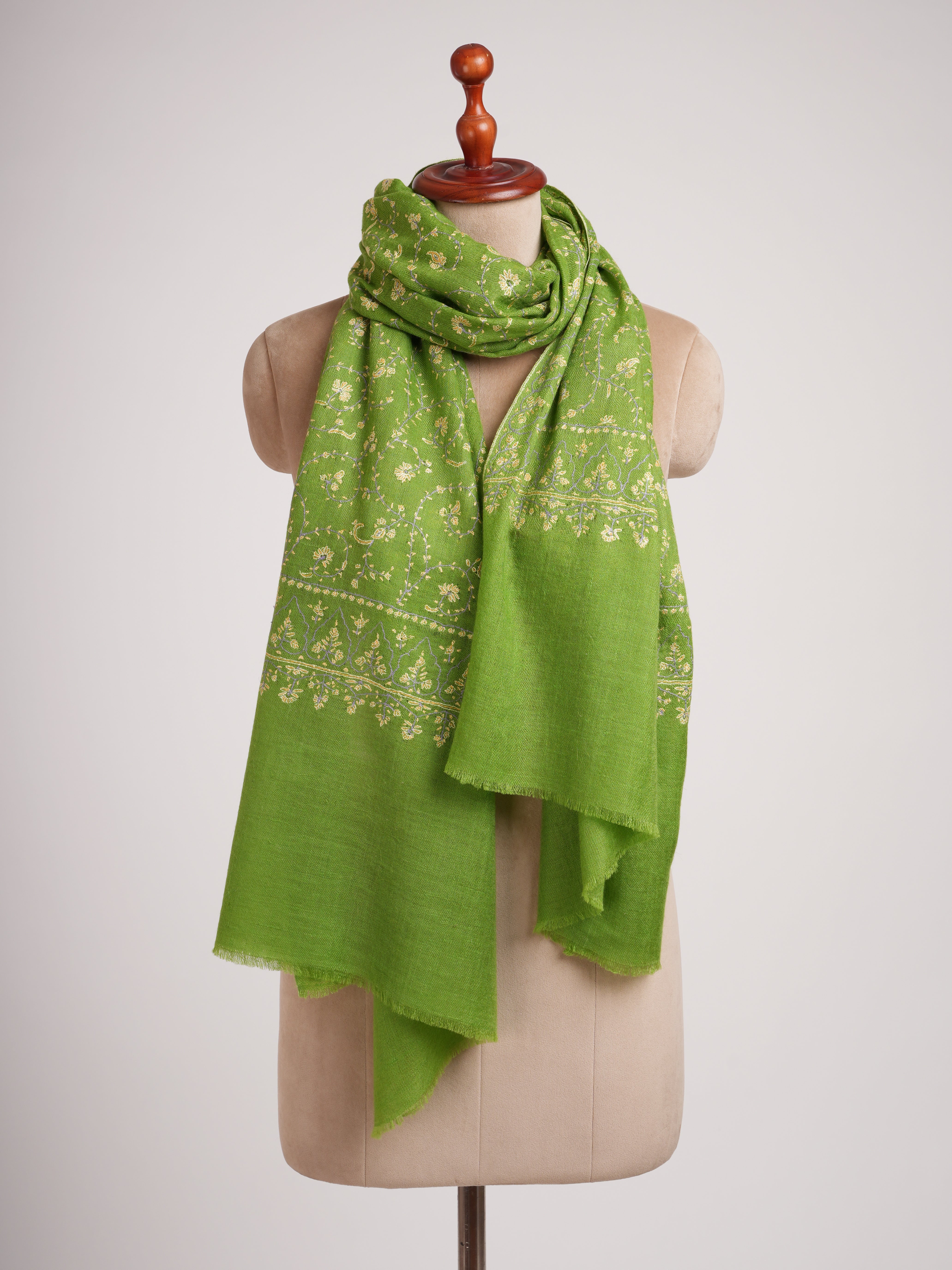 Green Hand Embroidered Jali Cashmere Scarf