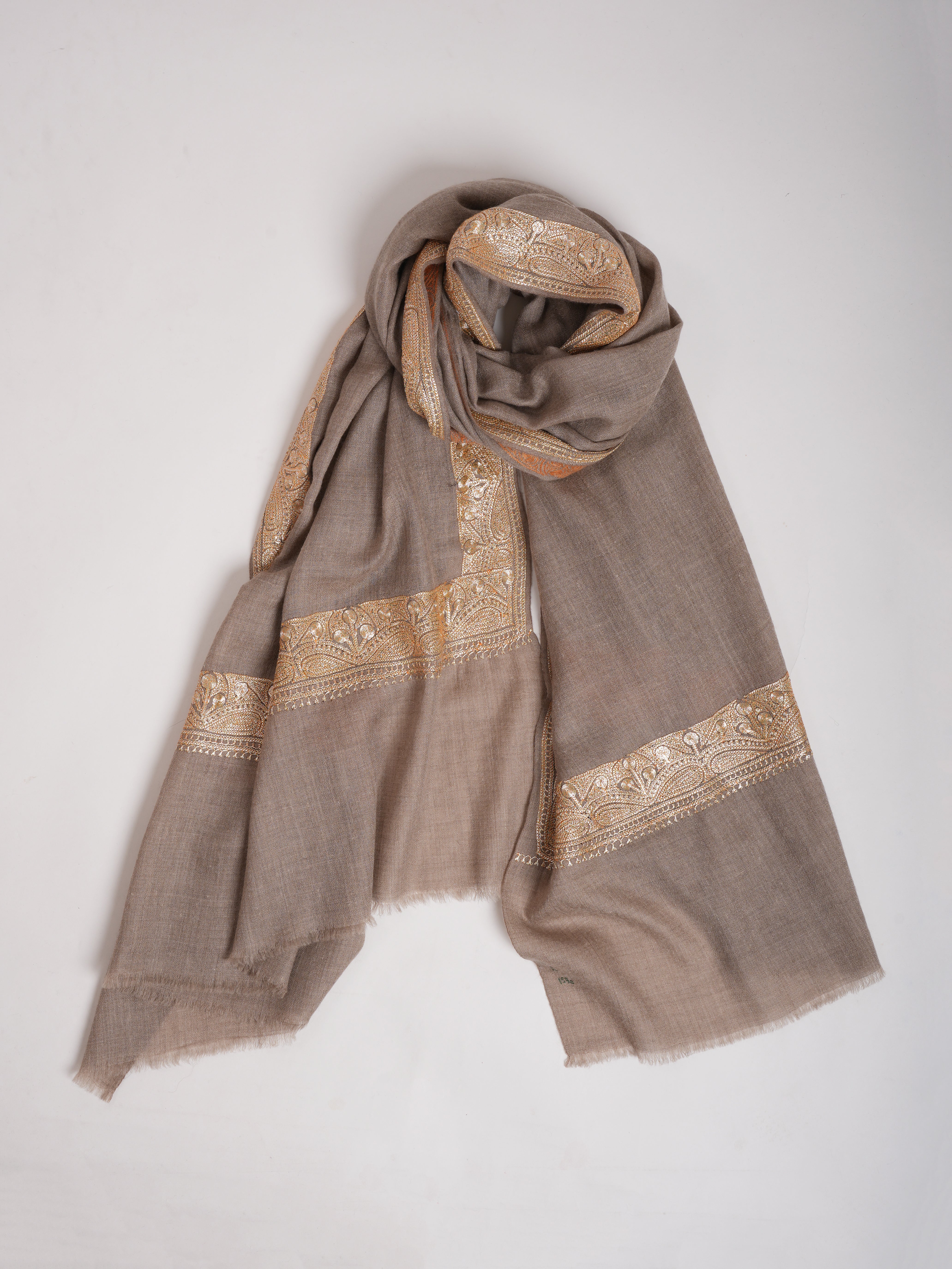 Natural Pashmina Shawl with Gold Tilla Embroidery
