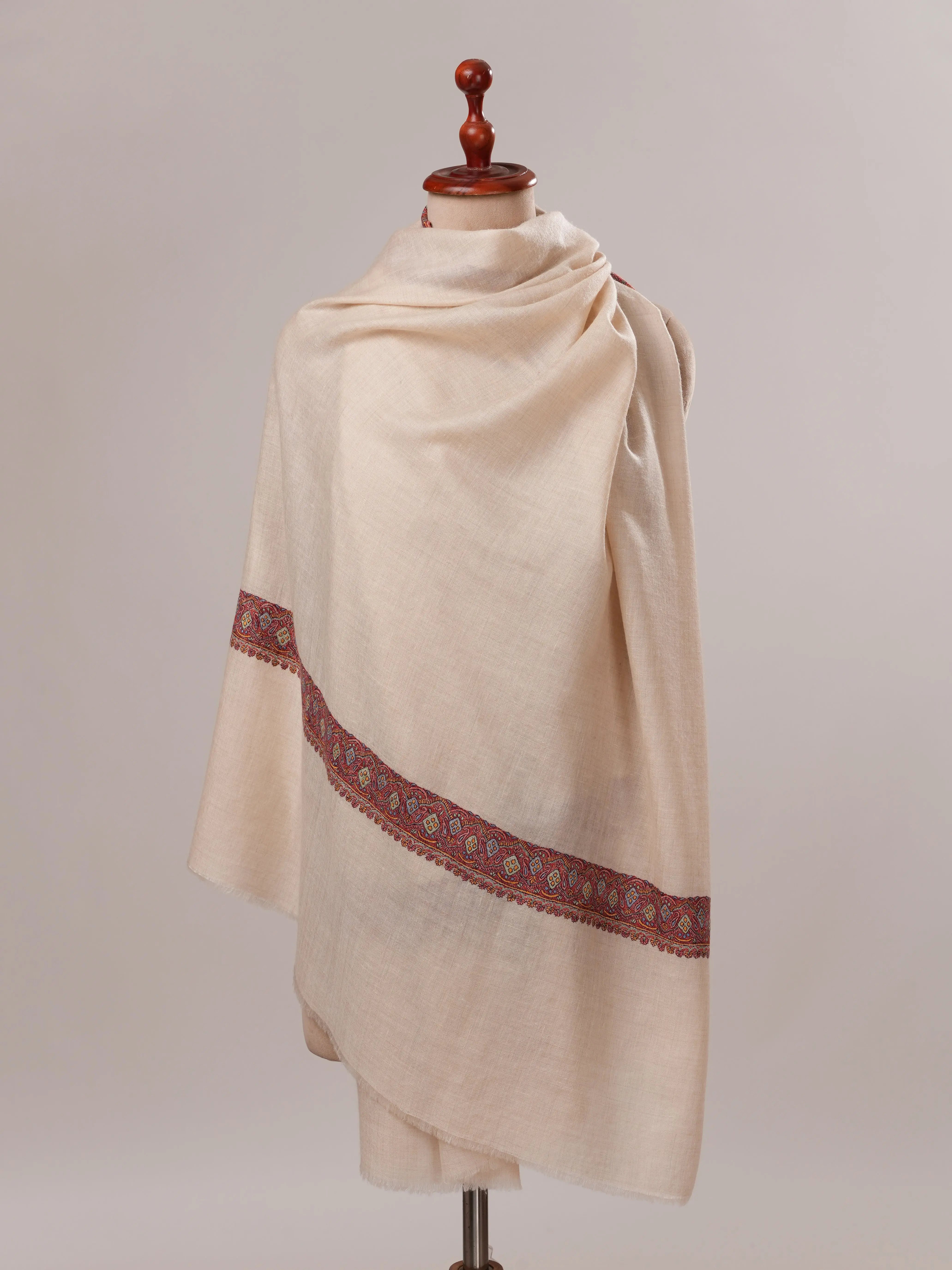 Off White Pure Pashmina Shawl with Neemdaur Hand Embroidery Shahkaar.com