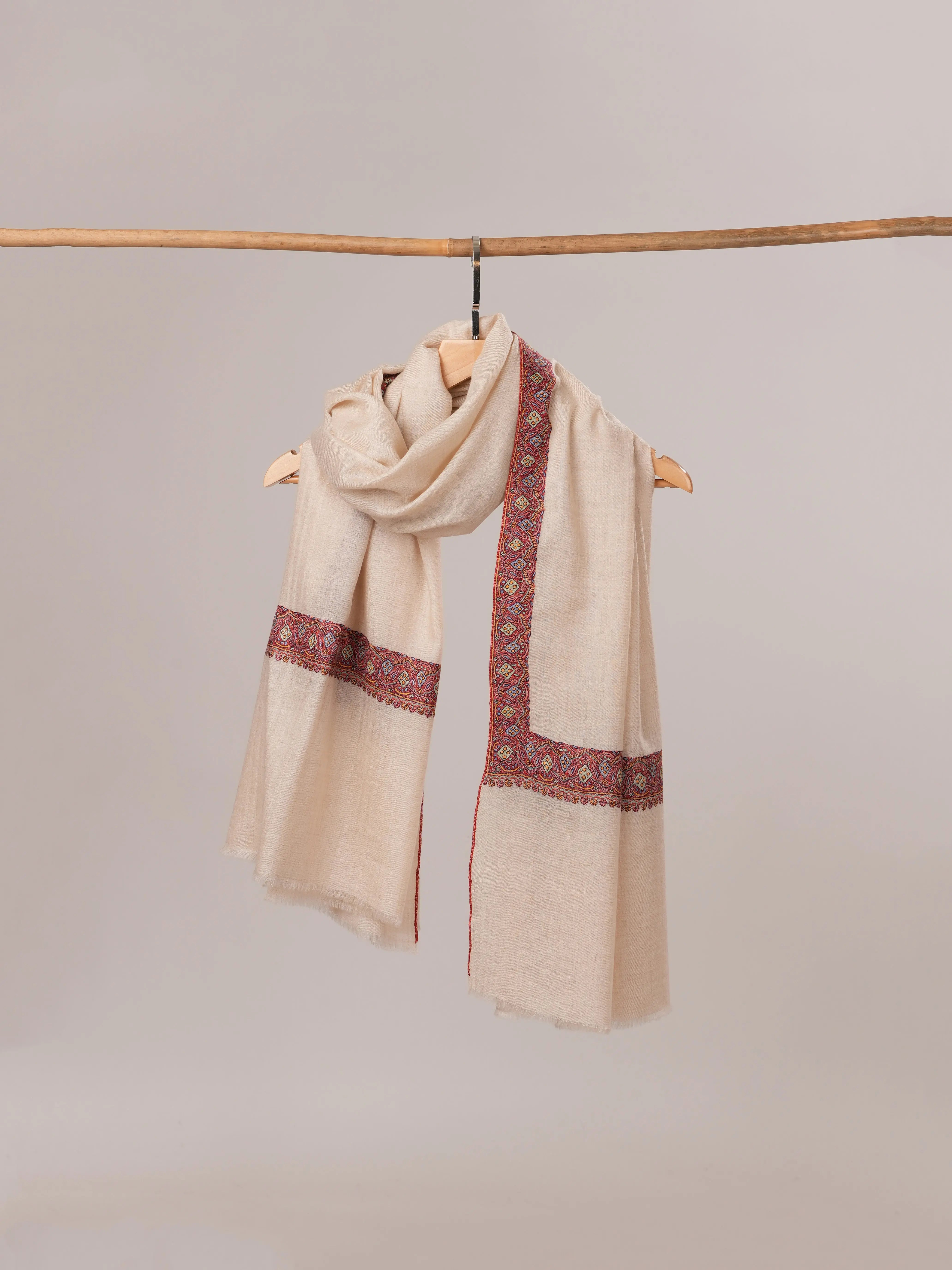 Off White Pure Pashmina Shawl with Neemdaur Hand Embroidery Shahkaar.com