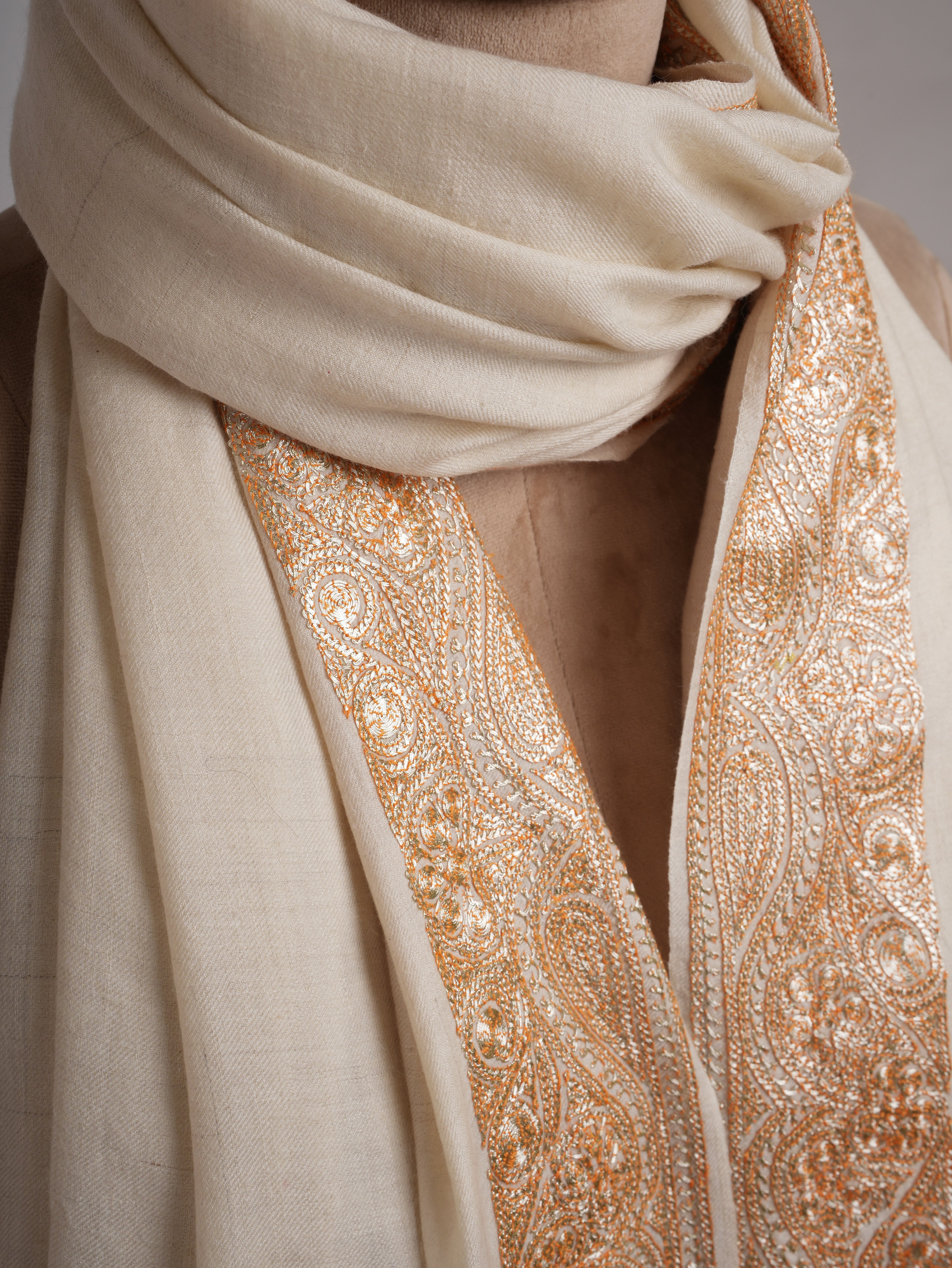 Ivory Pashmina Shawl with Gold Tilla Embroidery