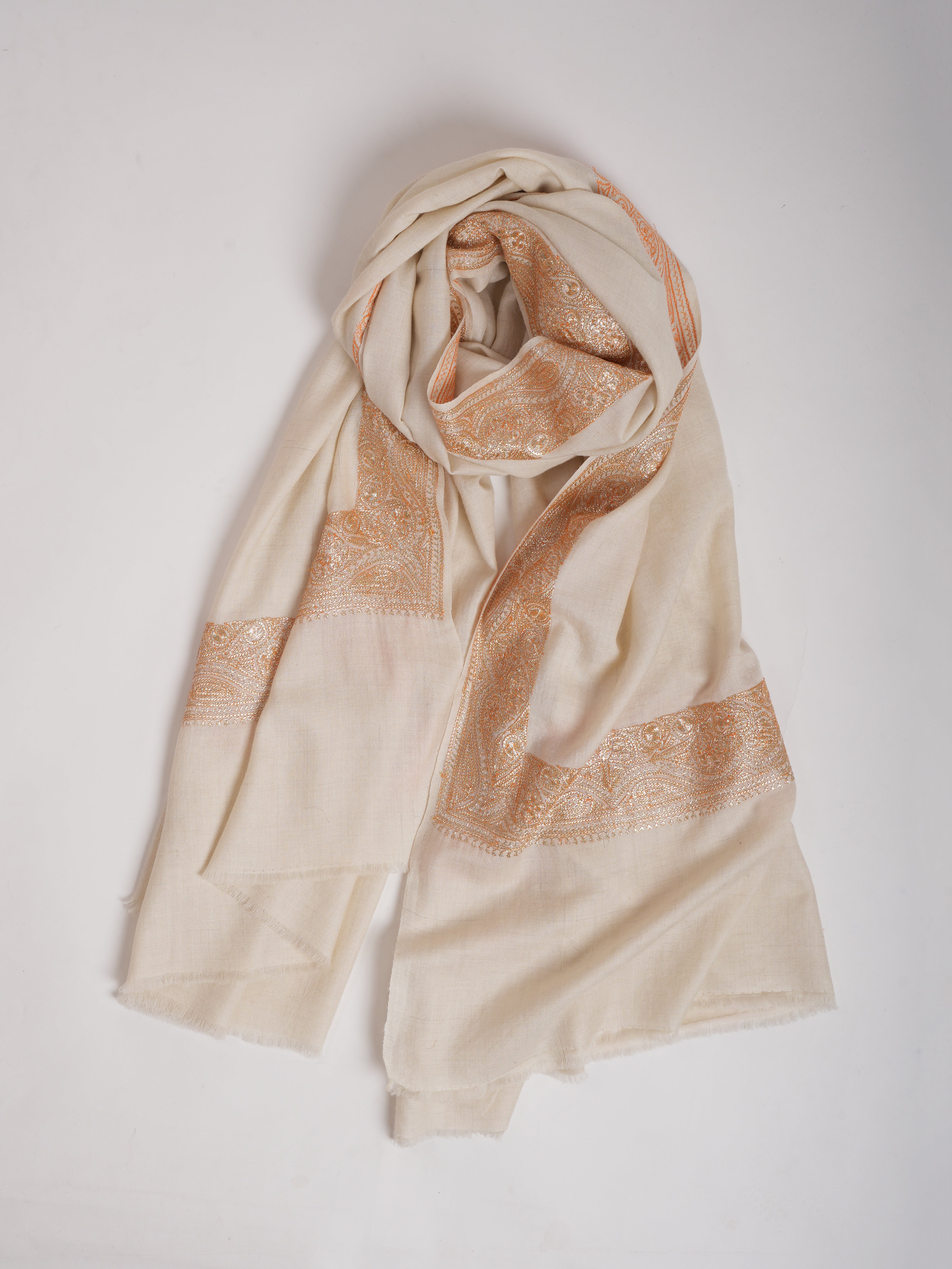Ivory Pashmina Shawl with Gold Tilla Embroidery