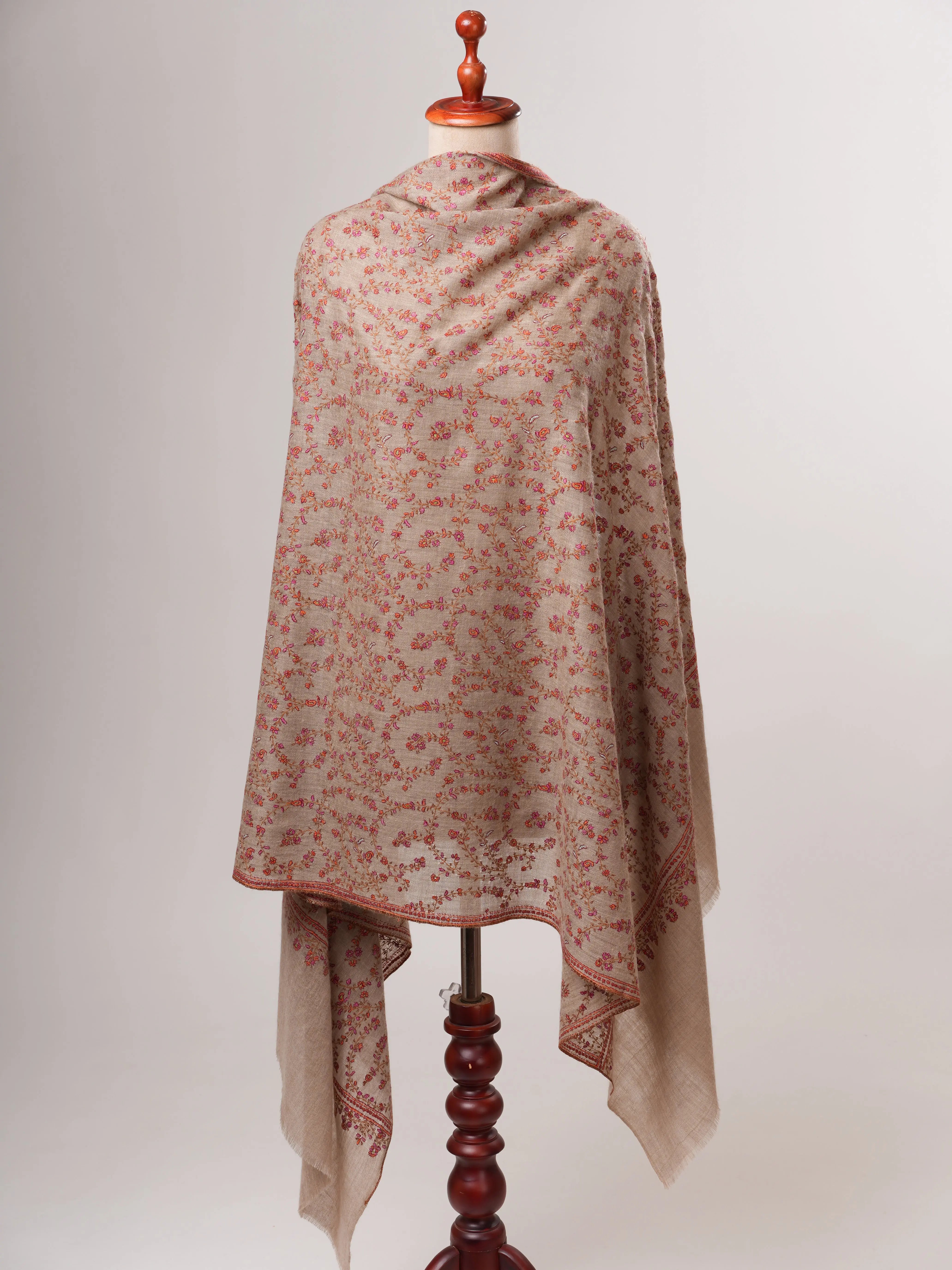 Natural Grey Buttersoft Hand Embroidered Jali Pashmina Shawl Shahkaar