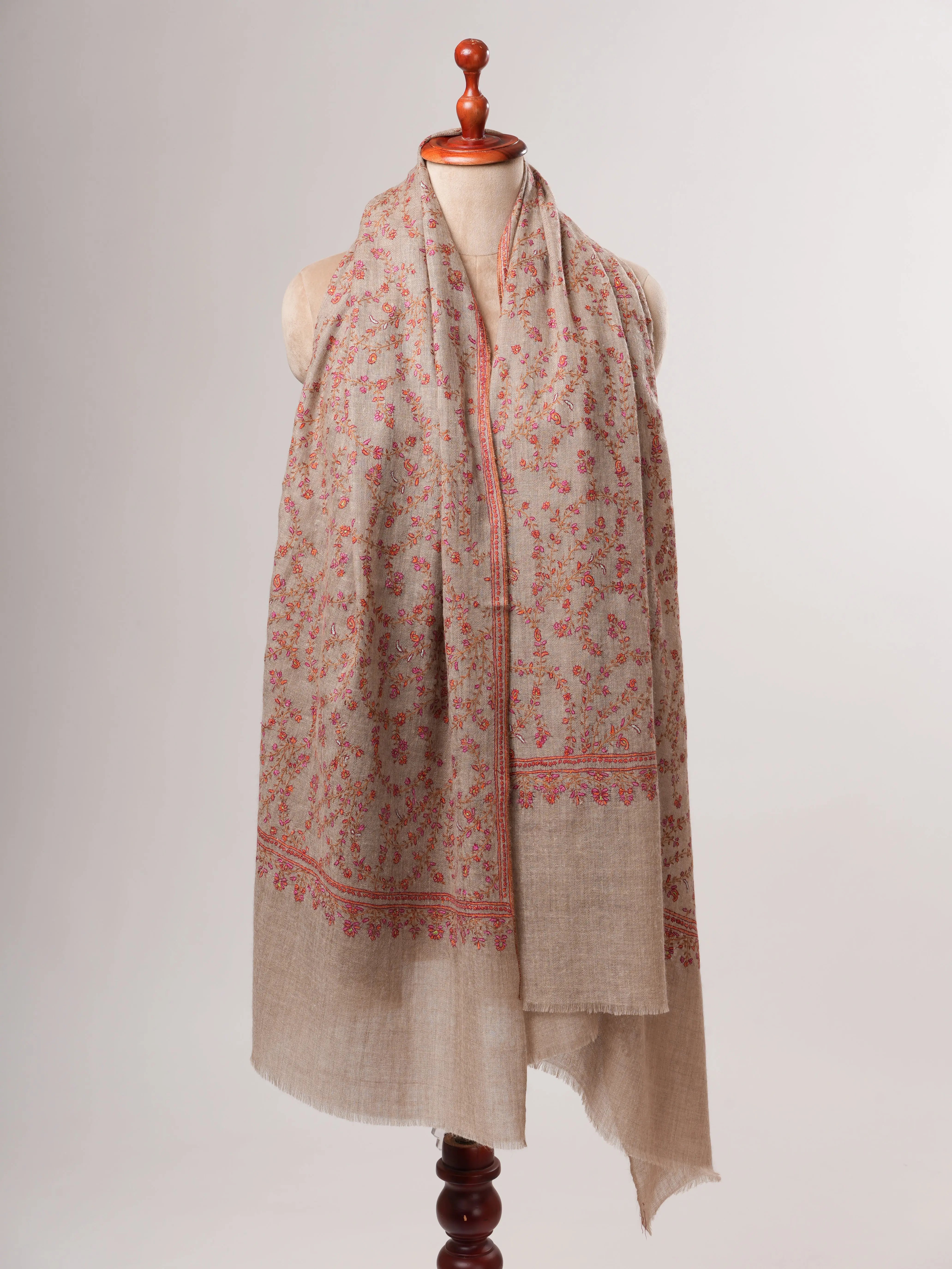 Natural Grey Buttersoft Hand Embroidered Jali Pashmina Shawl Shahkaar