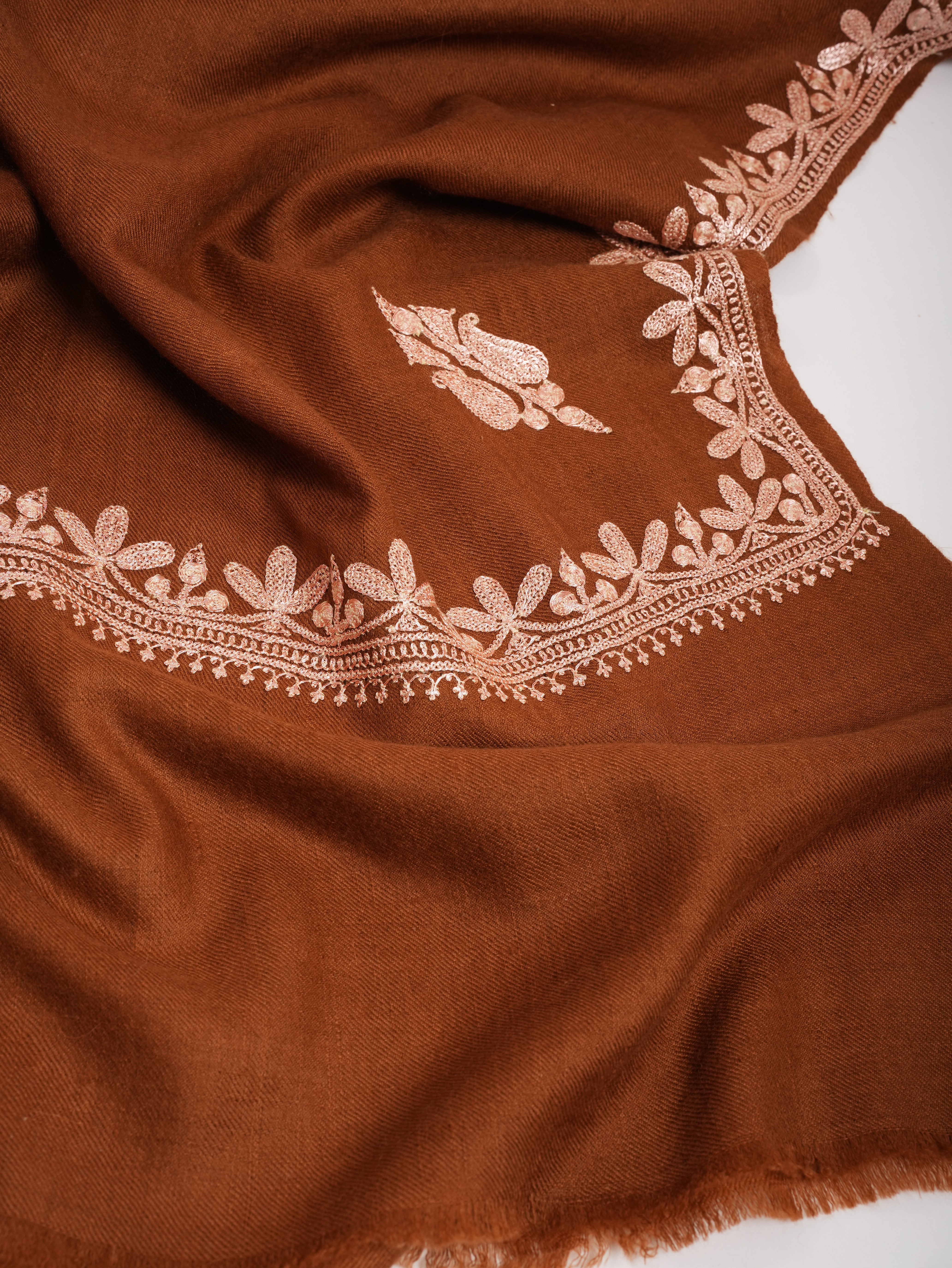 Sundan Brown Cashmere Scarf with Copper Metallic Embroidery
