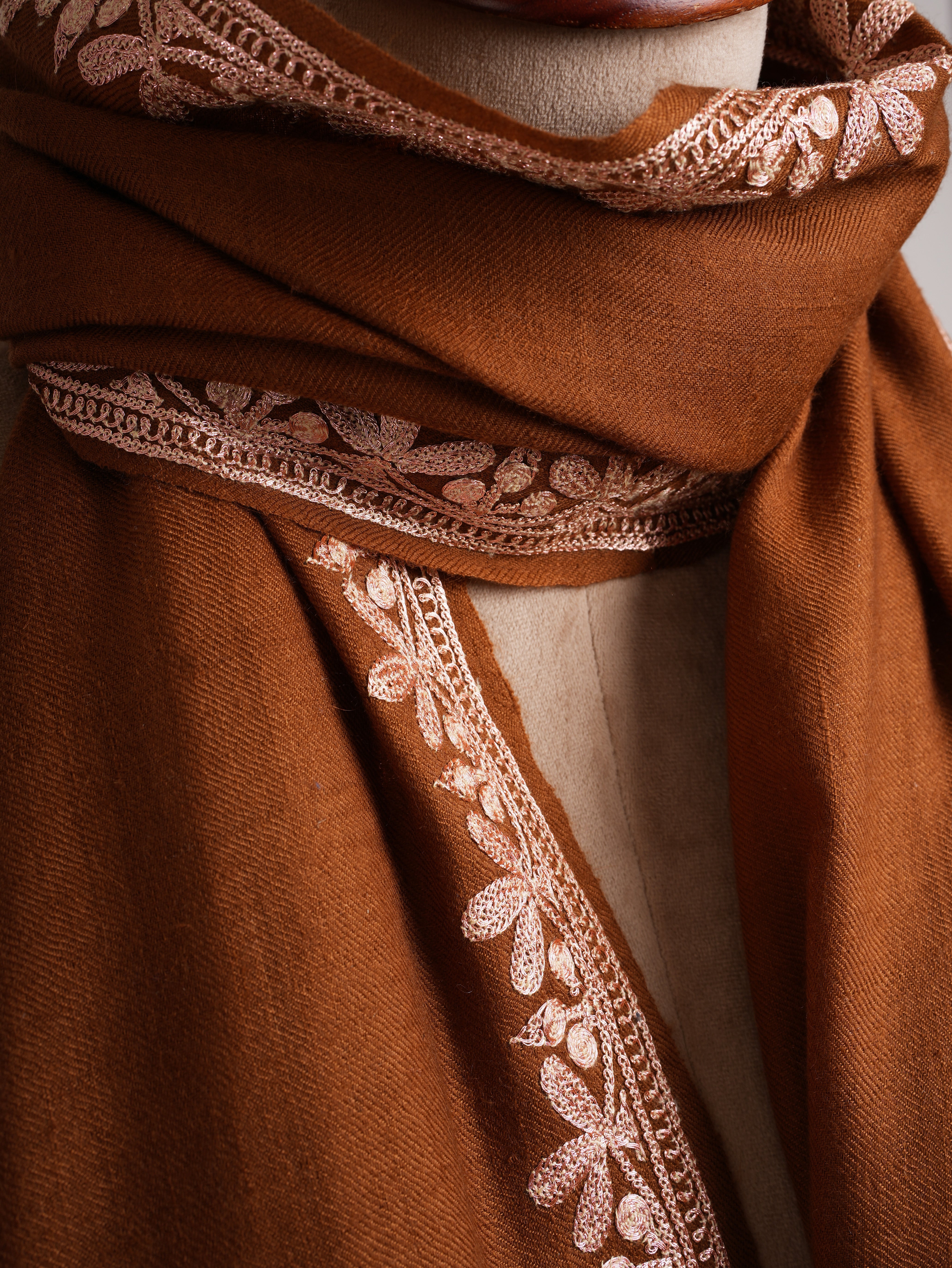 Sundan Brown Cashmere Scarf with Copper Metallic Embroidery
