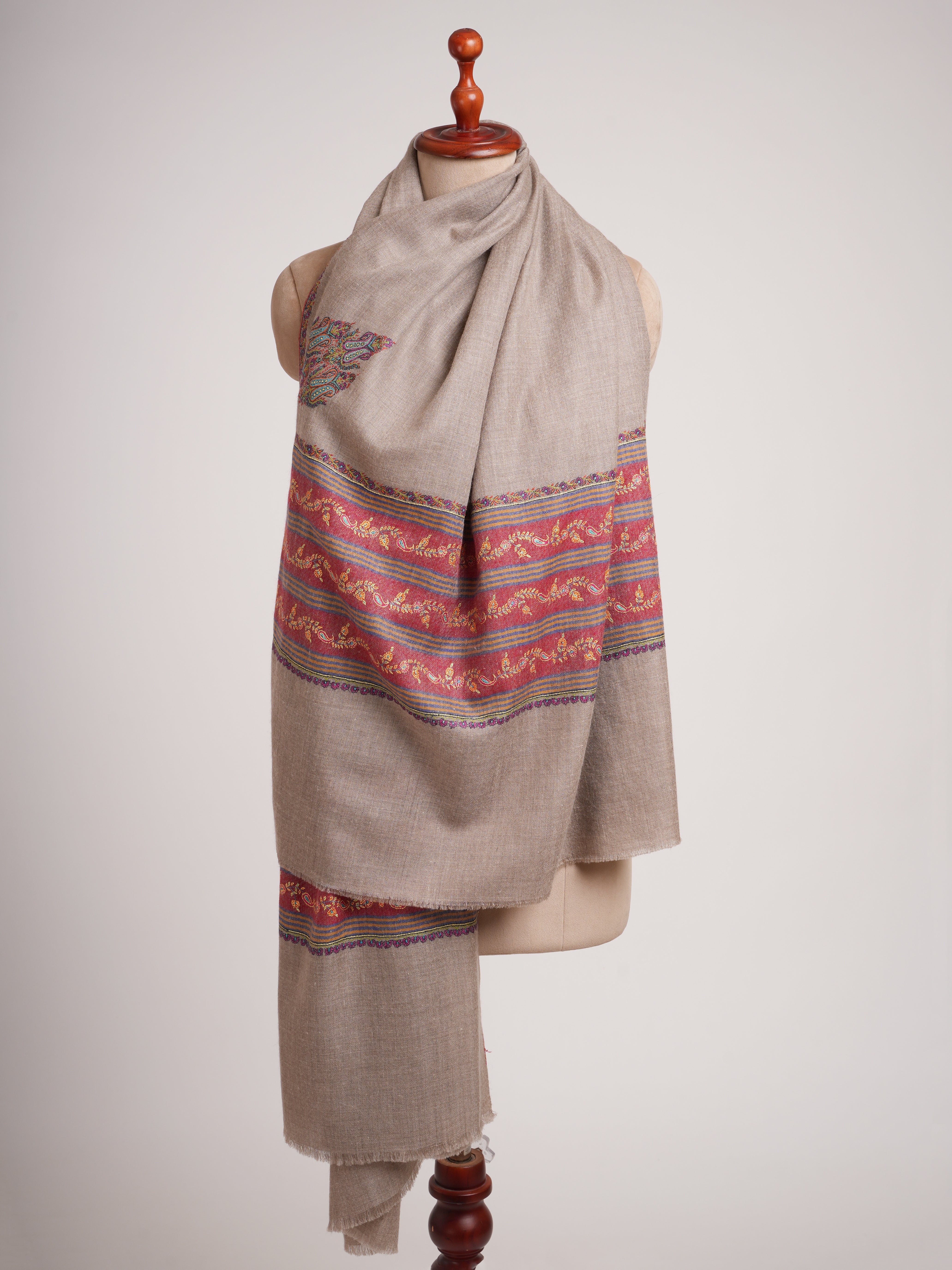 Natural Grey Pashmina Shawl with Contrast Palla Embroidery