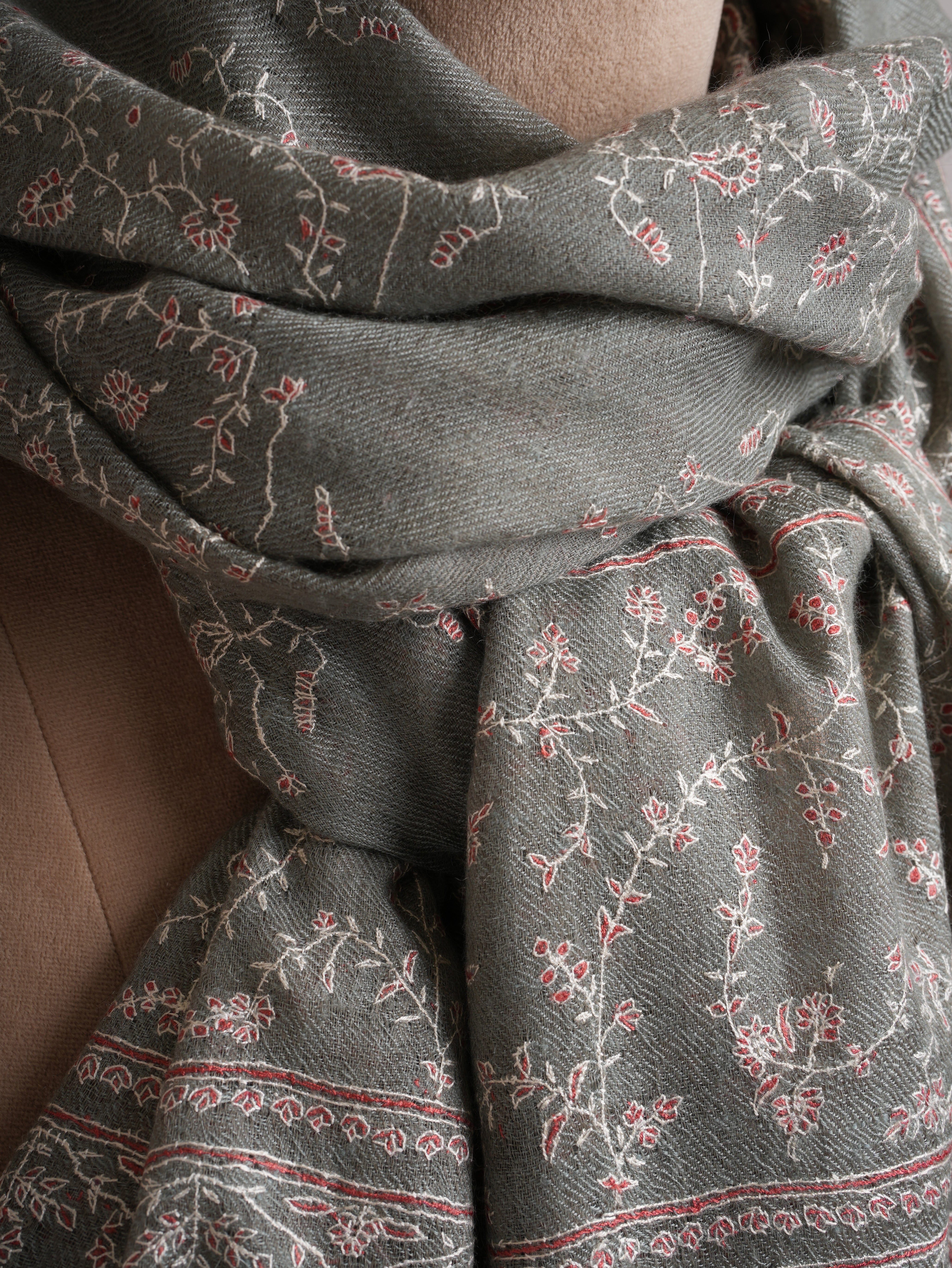 Grey Hand Embroidered Jali Indian Cashmere Scarf