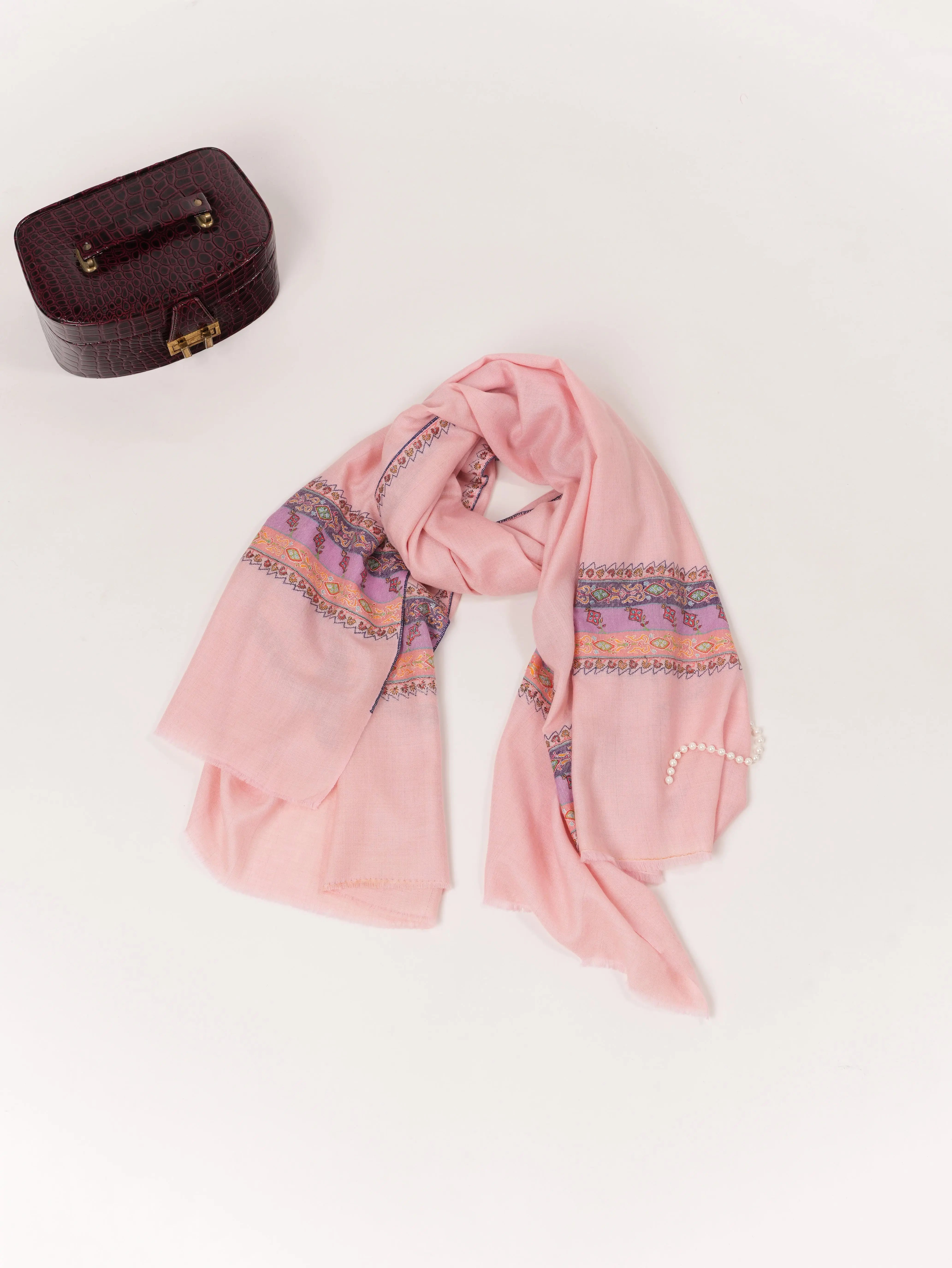 Palladar Embroidered Baby Pink Handwoven Authentic Pashmina Shawl Shahkaar.com