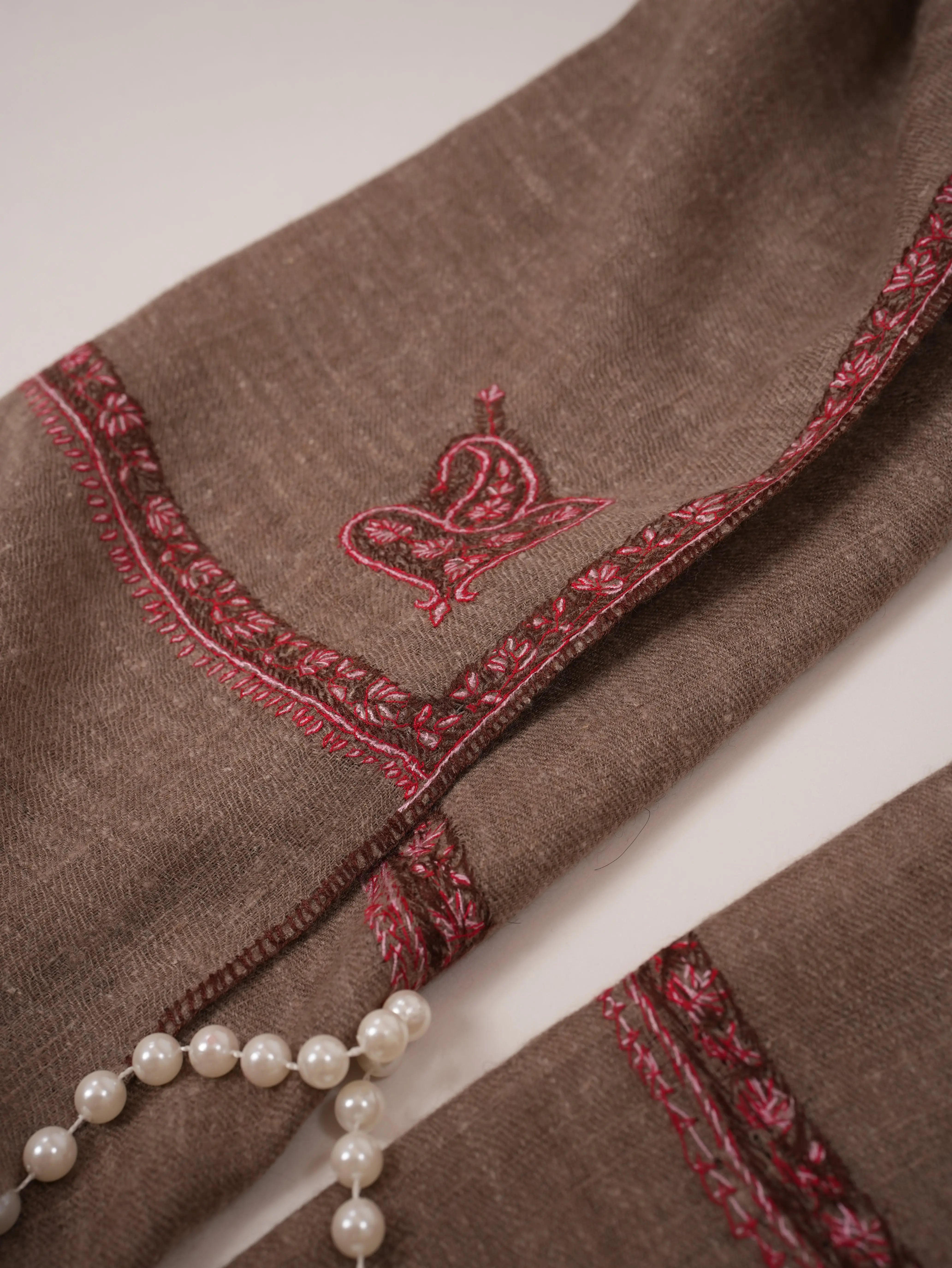 Rare Natural Dark Taupe Bail Embroidered Cashmere Scarf Shahkaar.com