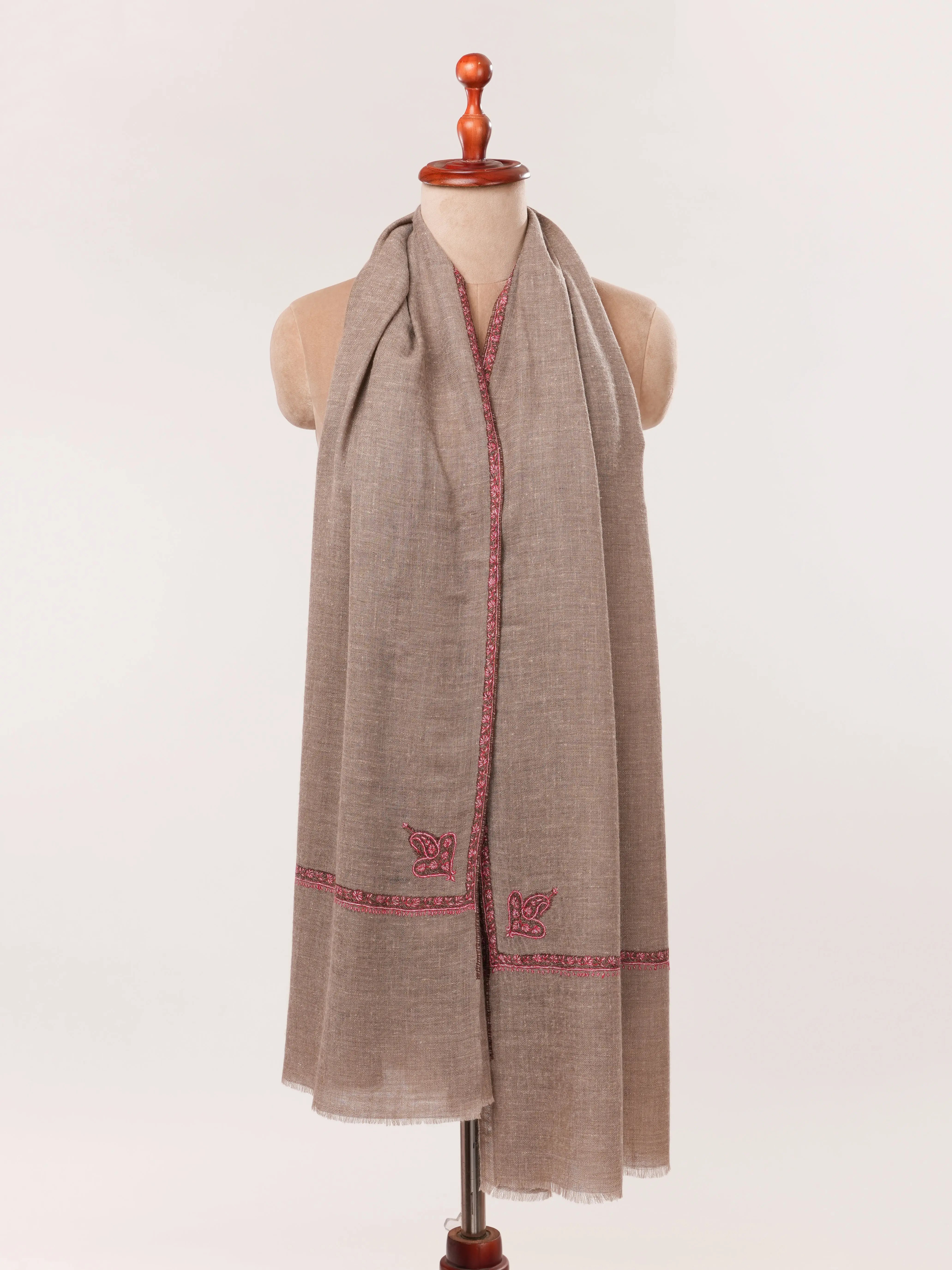 Rare Natural Dark Taupe Bail Embroidered Cashmere Scarf Shahkaar.com