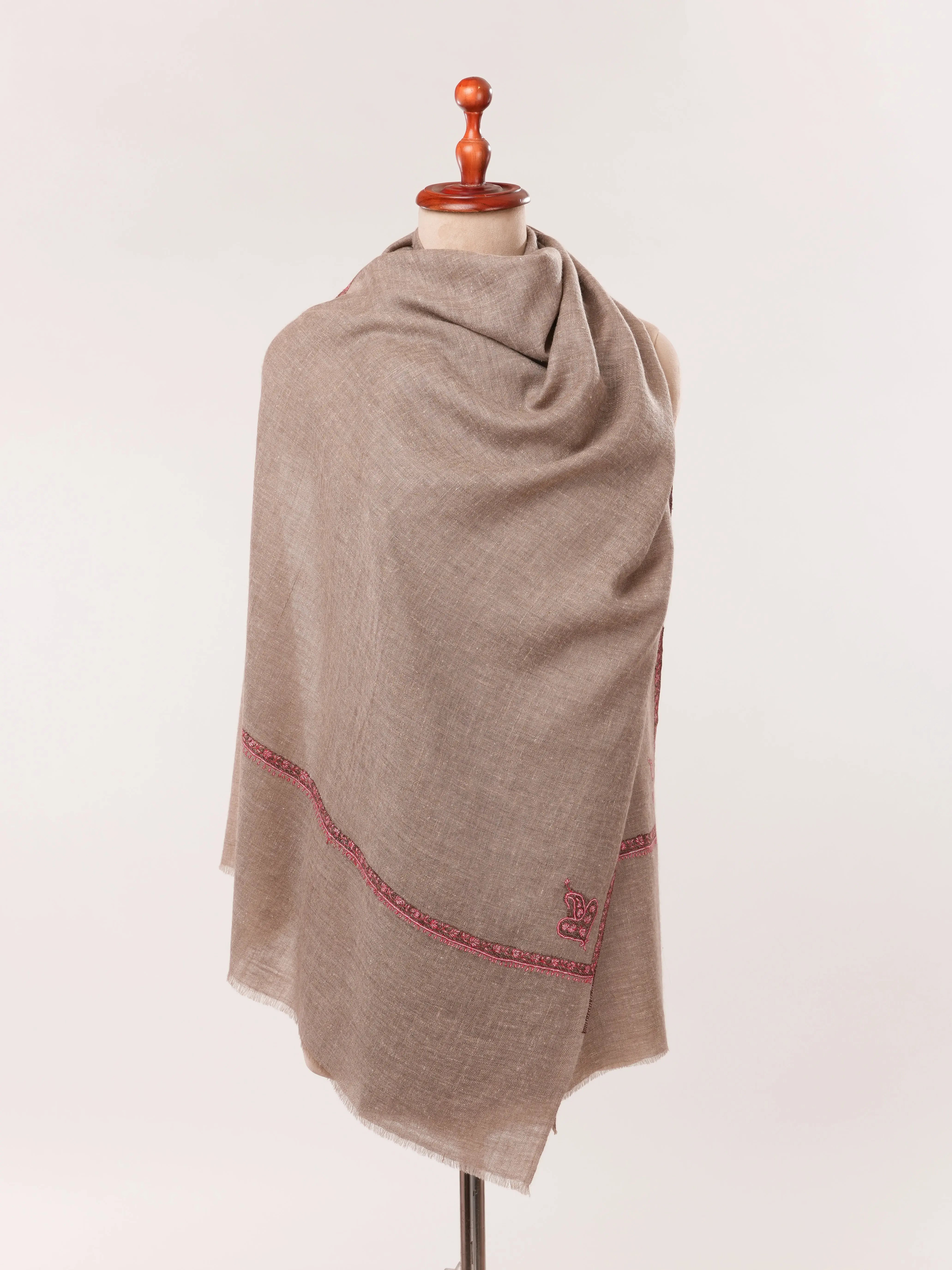 Rare Natural Dark Taupe Bail Embroidered Cashmere Scarf Shahkaar.com