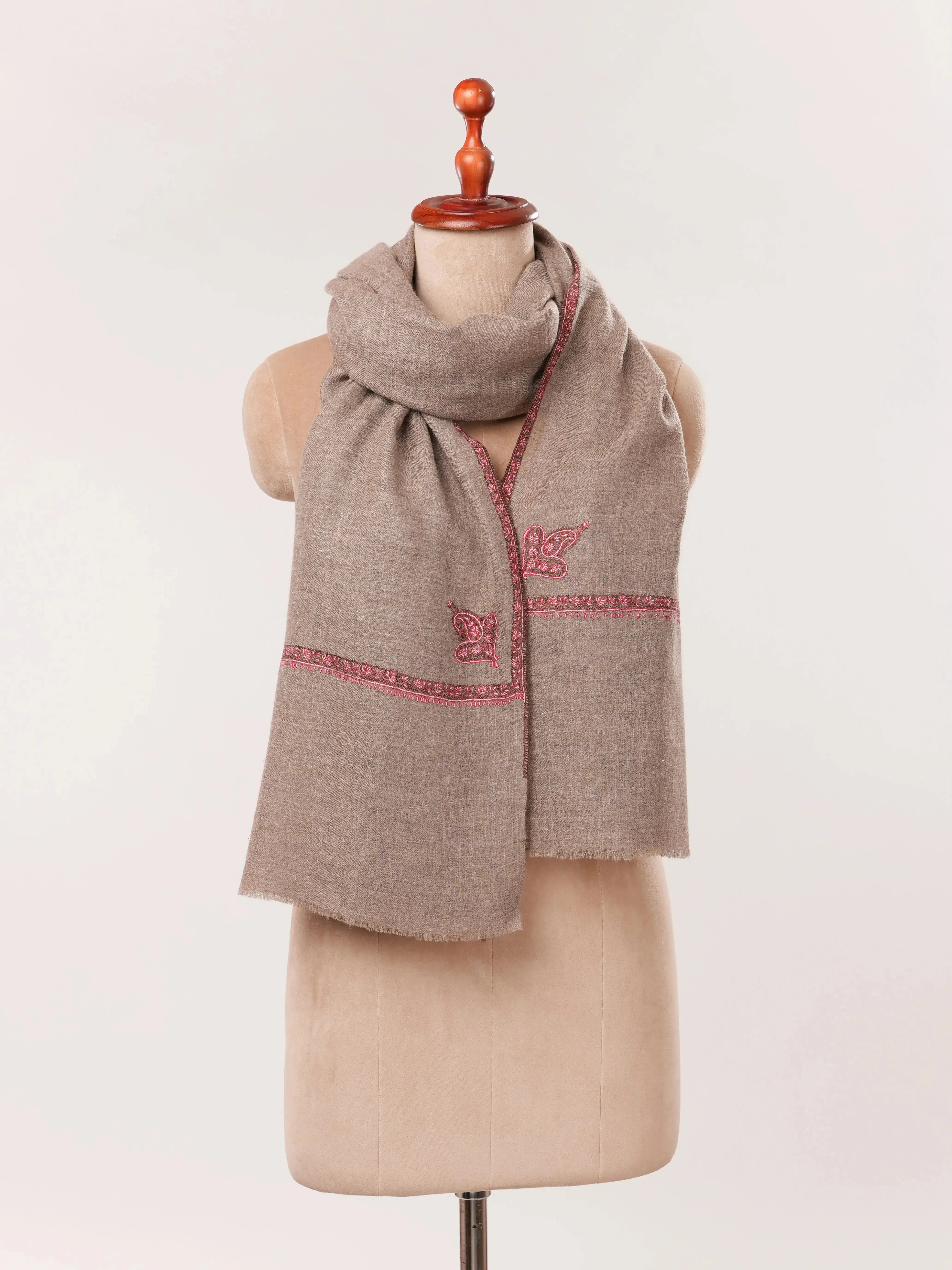 Rare Natural Dark Taupe Bail Embroidered Cashmere Scarf Shahkaar.com
