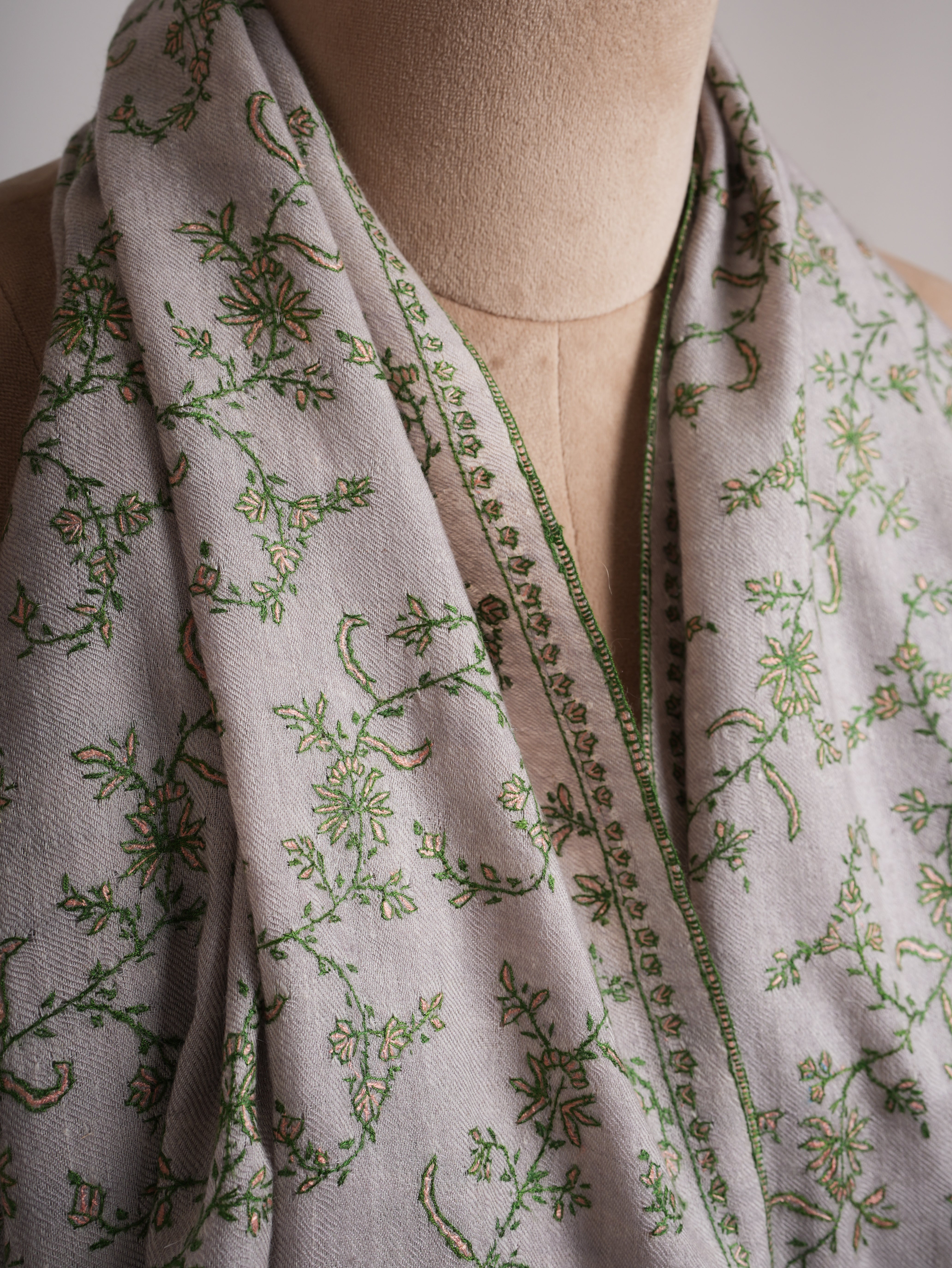 Jali Hand Embroidered Cashmere Scarf Pearl Color - Shahkaar