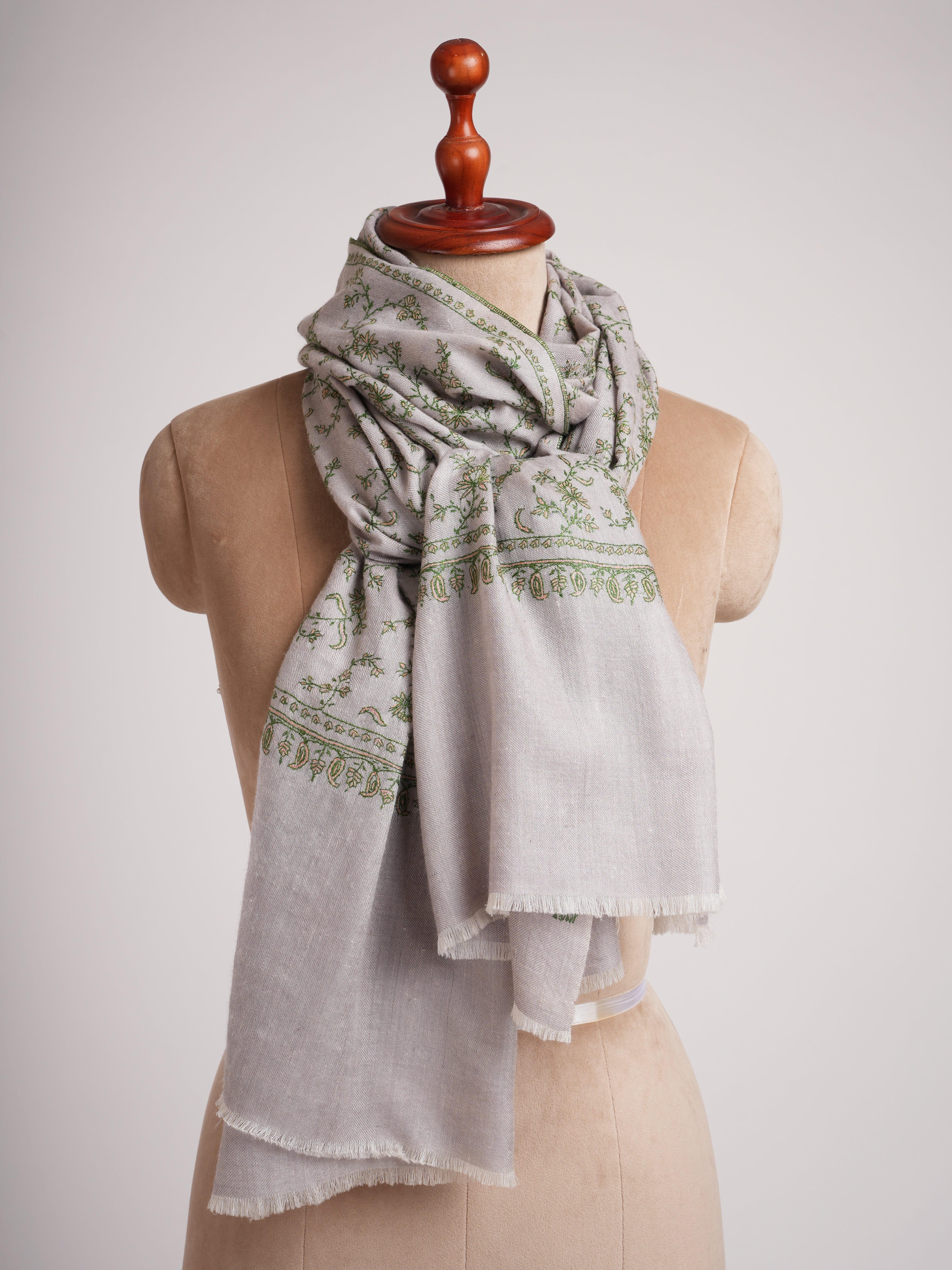 Jali Hand Embroidered Cashmere Scarf Pearl Color