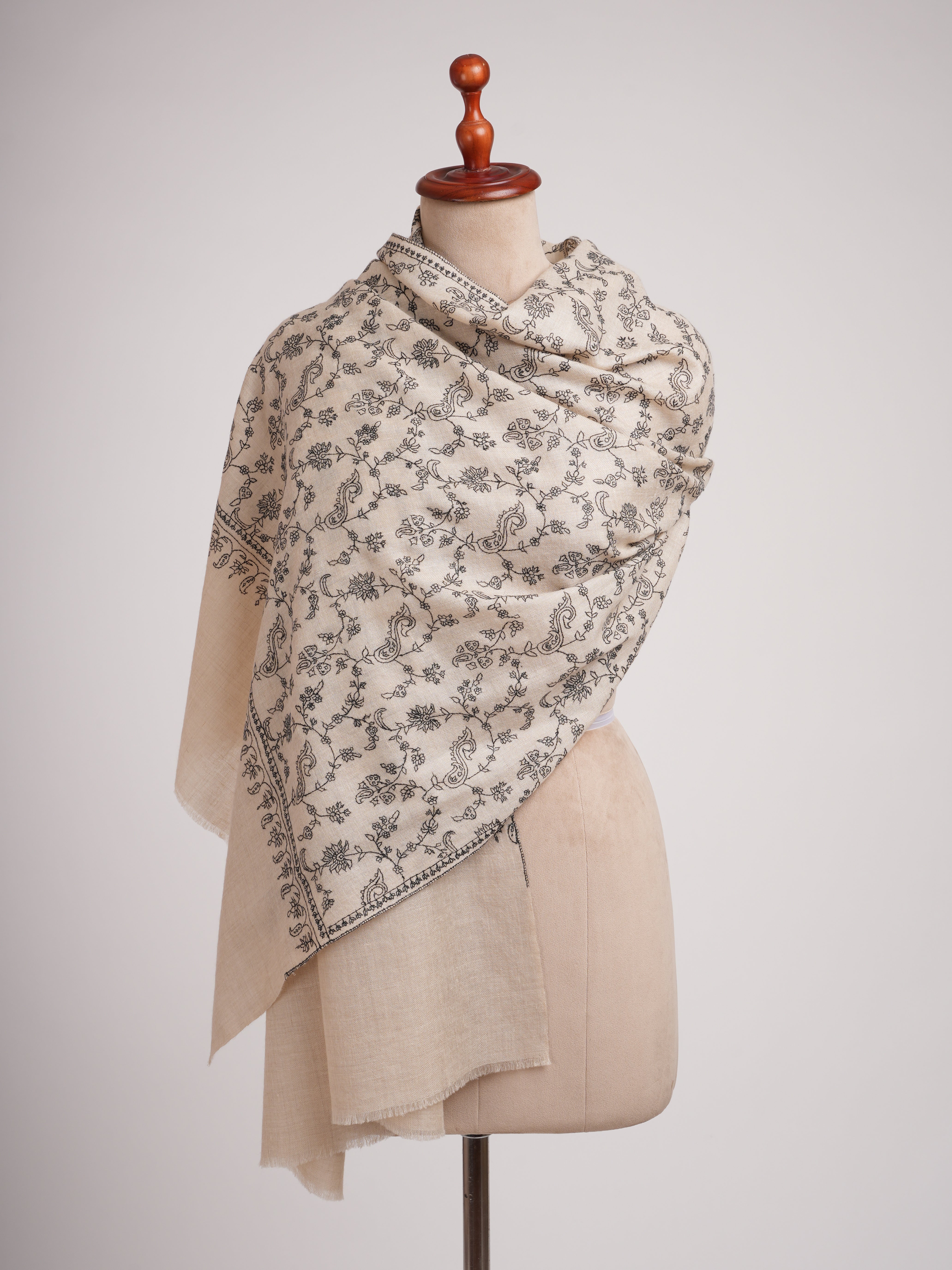 Off white Hand embroidered Jalldar Cashmere Stole