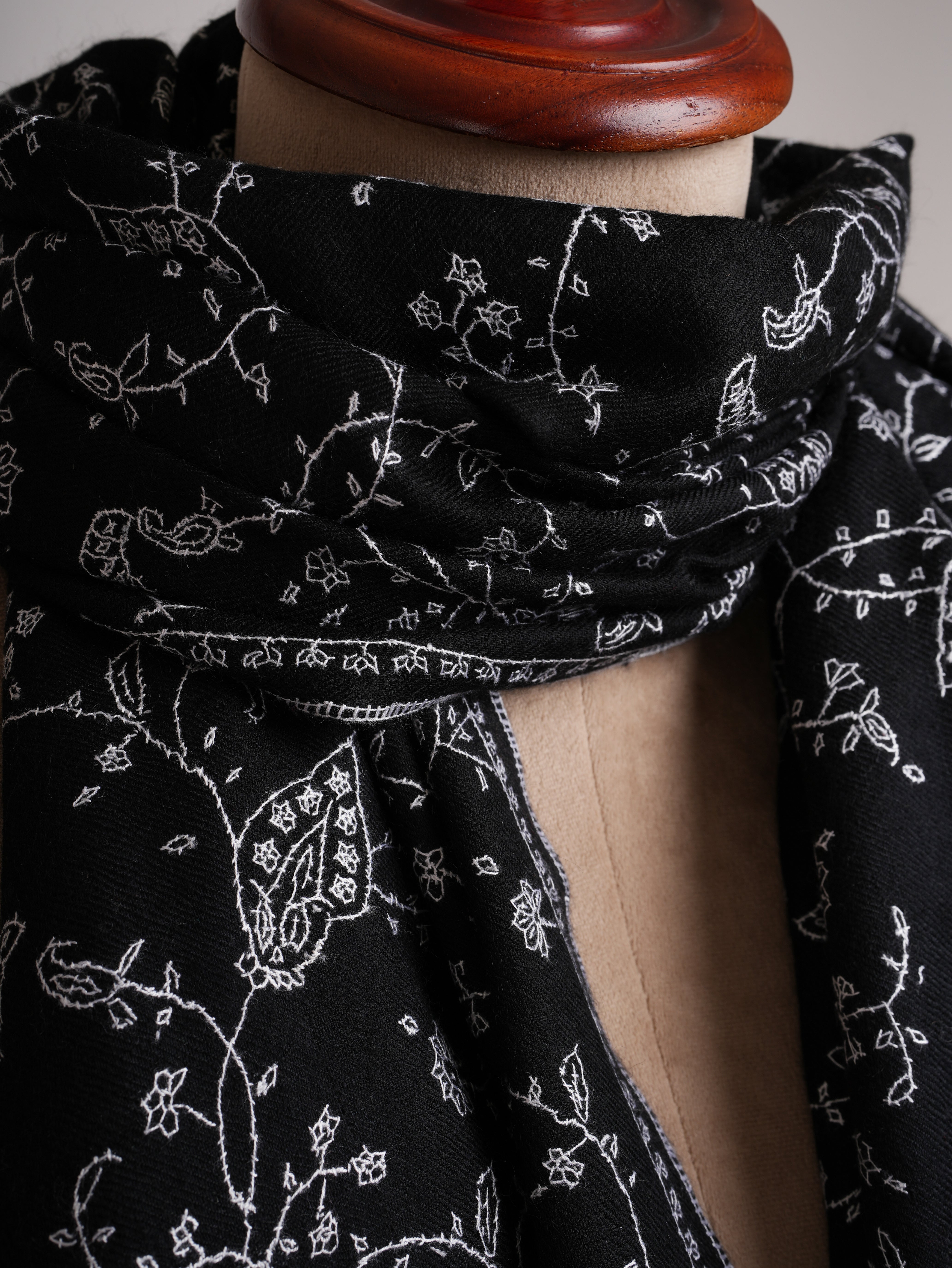 Black Featherlight Cashmere Wrap with White Embroidery