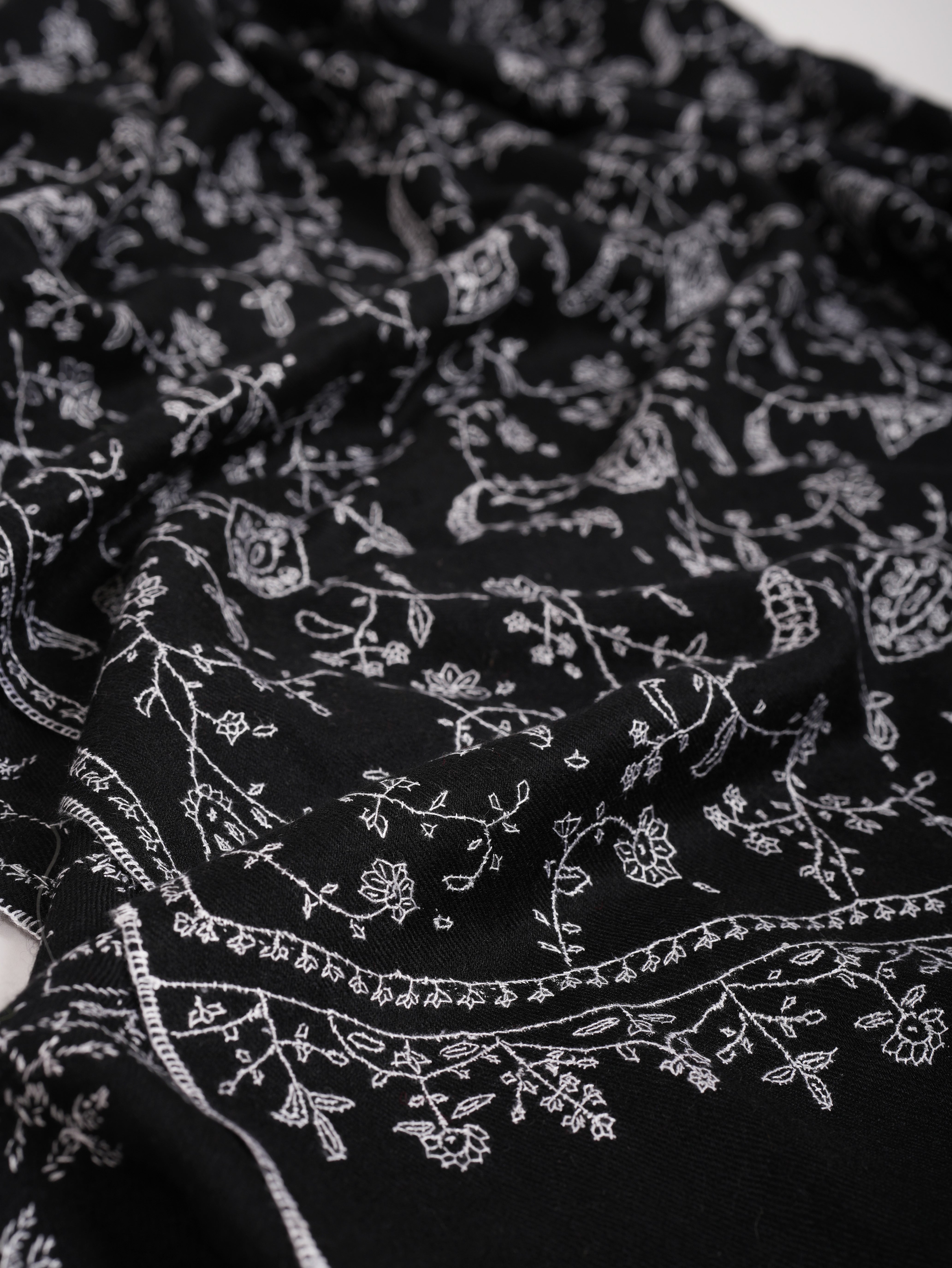 Black Featherlight Cashmere Wrap with White Embroidery